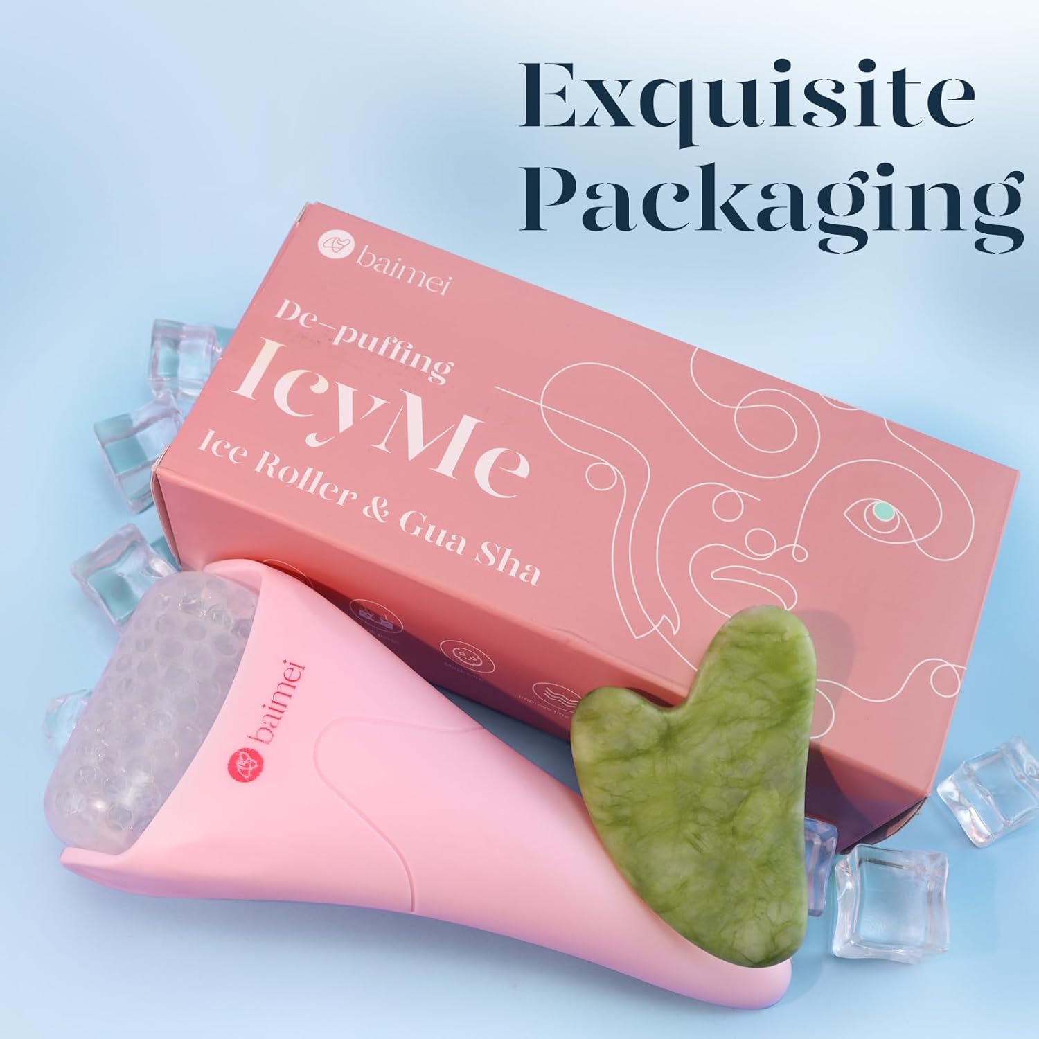 Rose pink ice roller and gua sha facial tool set for cooling therapy and puffiness reduction — view 3