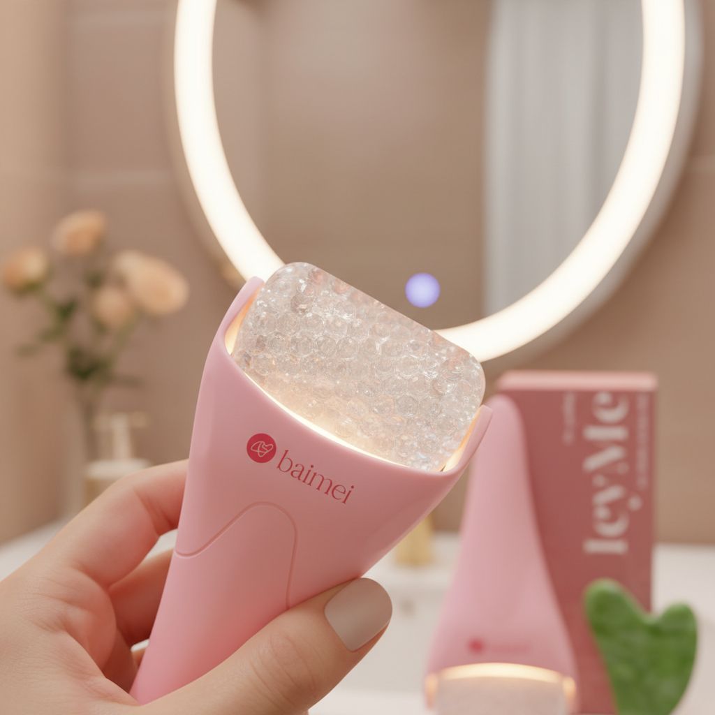 Rose pink ice roller and gua sha facial tool set for cooling therapy and puffiness reduction — view 4