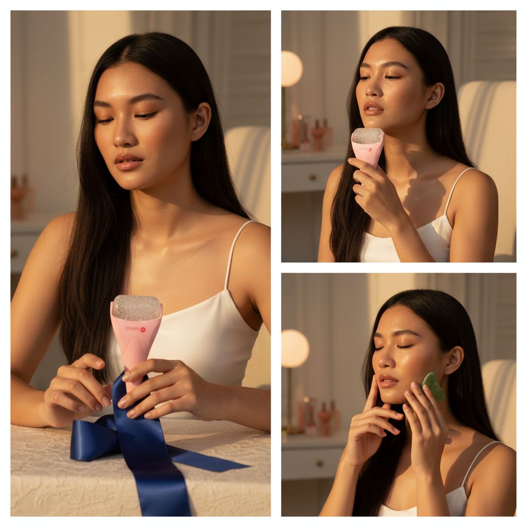 Rose pink ice roller and gua sha facial tool set for cooling therapy and puffiness reduction — view 2