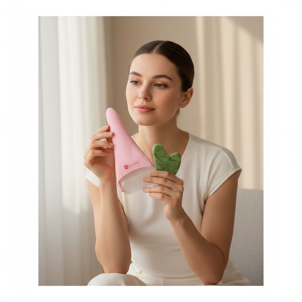 Rose pink ice roller and gua sha facial tool set for cooling therapy and puffiness reduction — view 3a