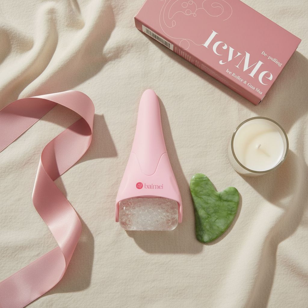 Rose pink ice roller and gua sha facial tool set for cooling therapy and puffiness reduction — view 7a