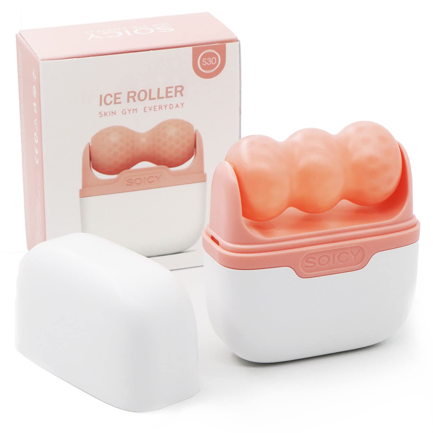 Pink dual ice roller with face and eye attachments for cooling skincare and puffiness relief — front