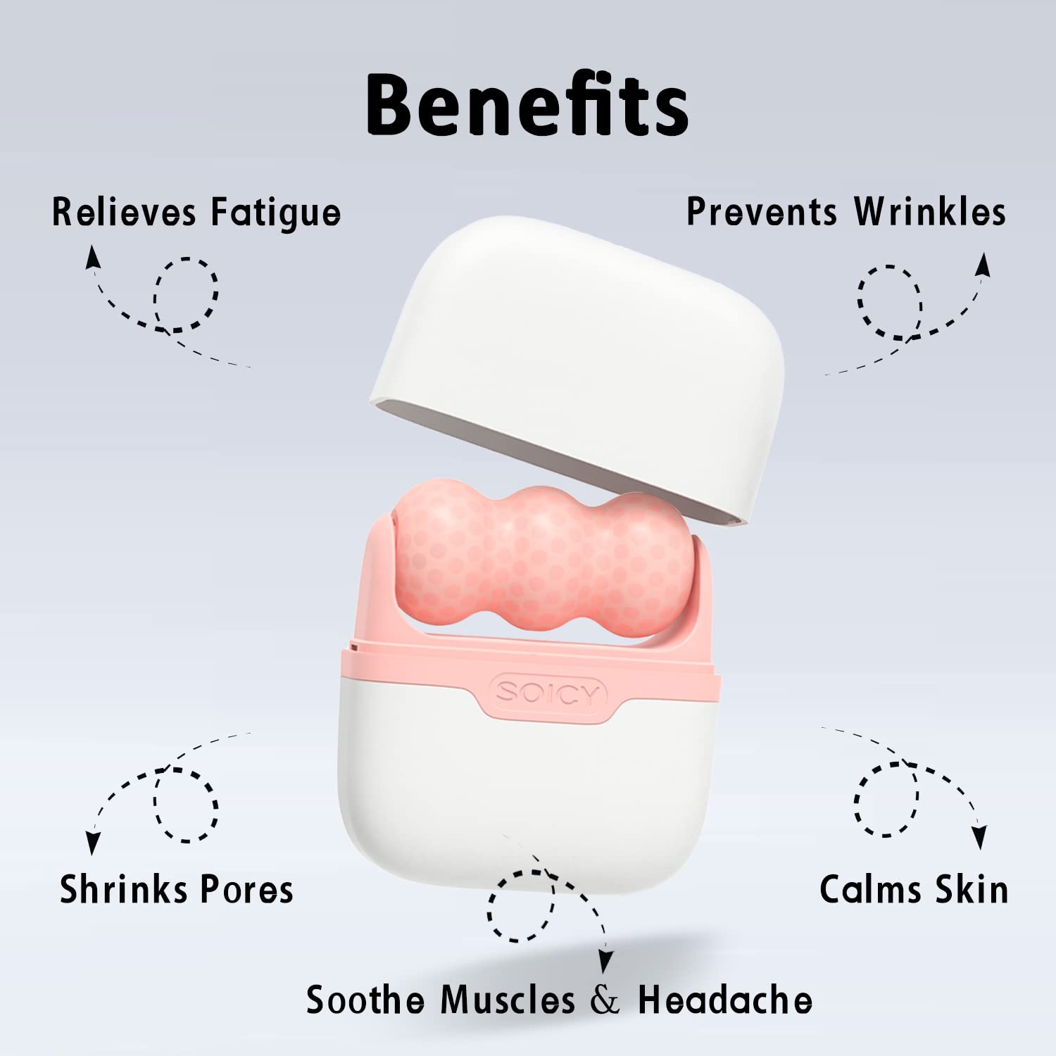 Pink dual ice roller with face and eye attachments for cooling skincare and puffiness relief — side