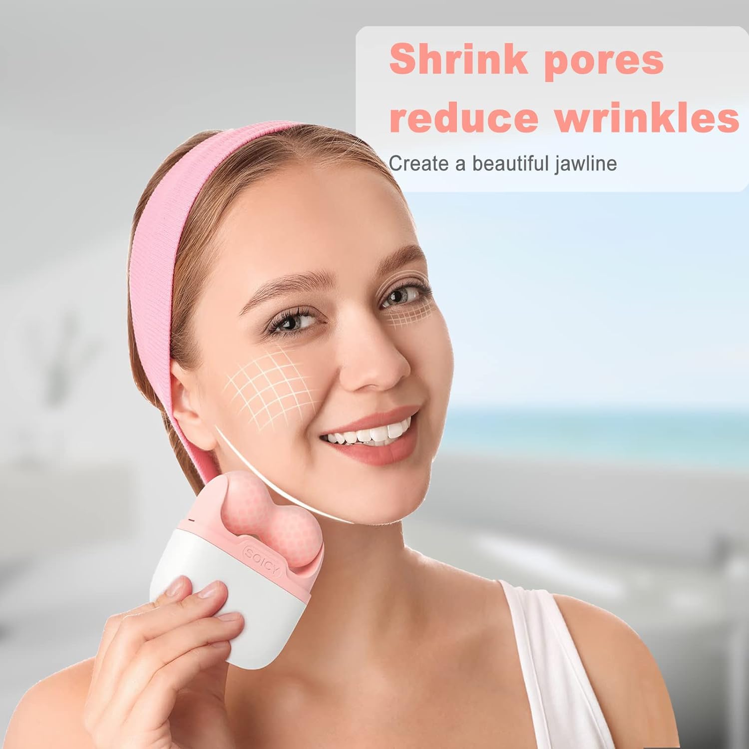 Pink dual ice roller with face and eye attachments for cooling skincare and puffiness relief — back