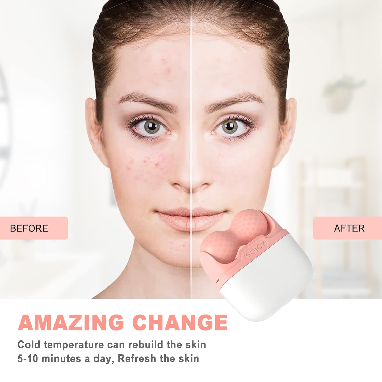 Pink dual ice roller with face and eye attachments for cooling skincare and puffiness relief — view 3