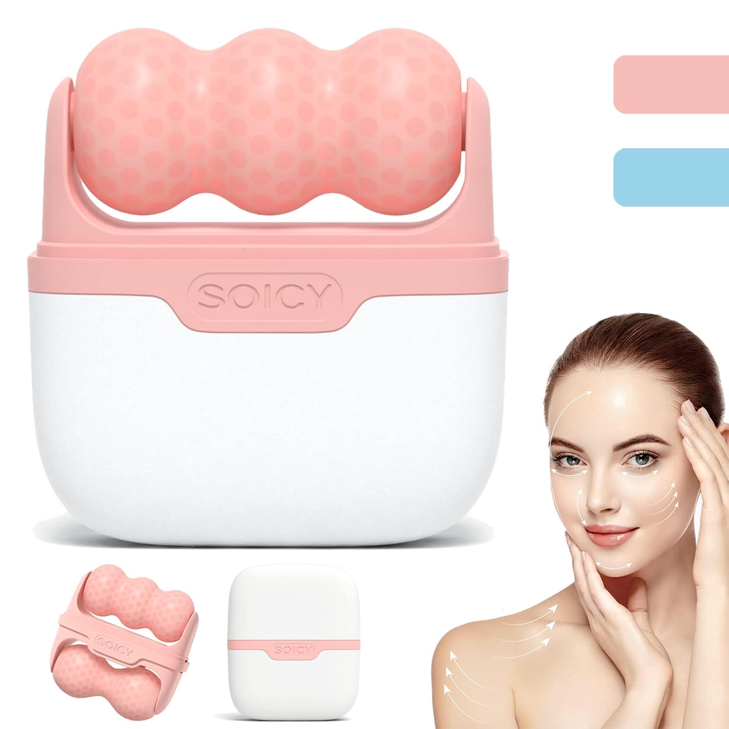 Pink dual ice roller with face and eye attachments for cooling skincare and puffiness relief — view 4