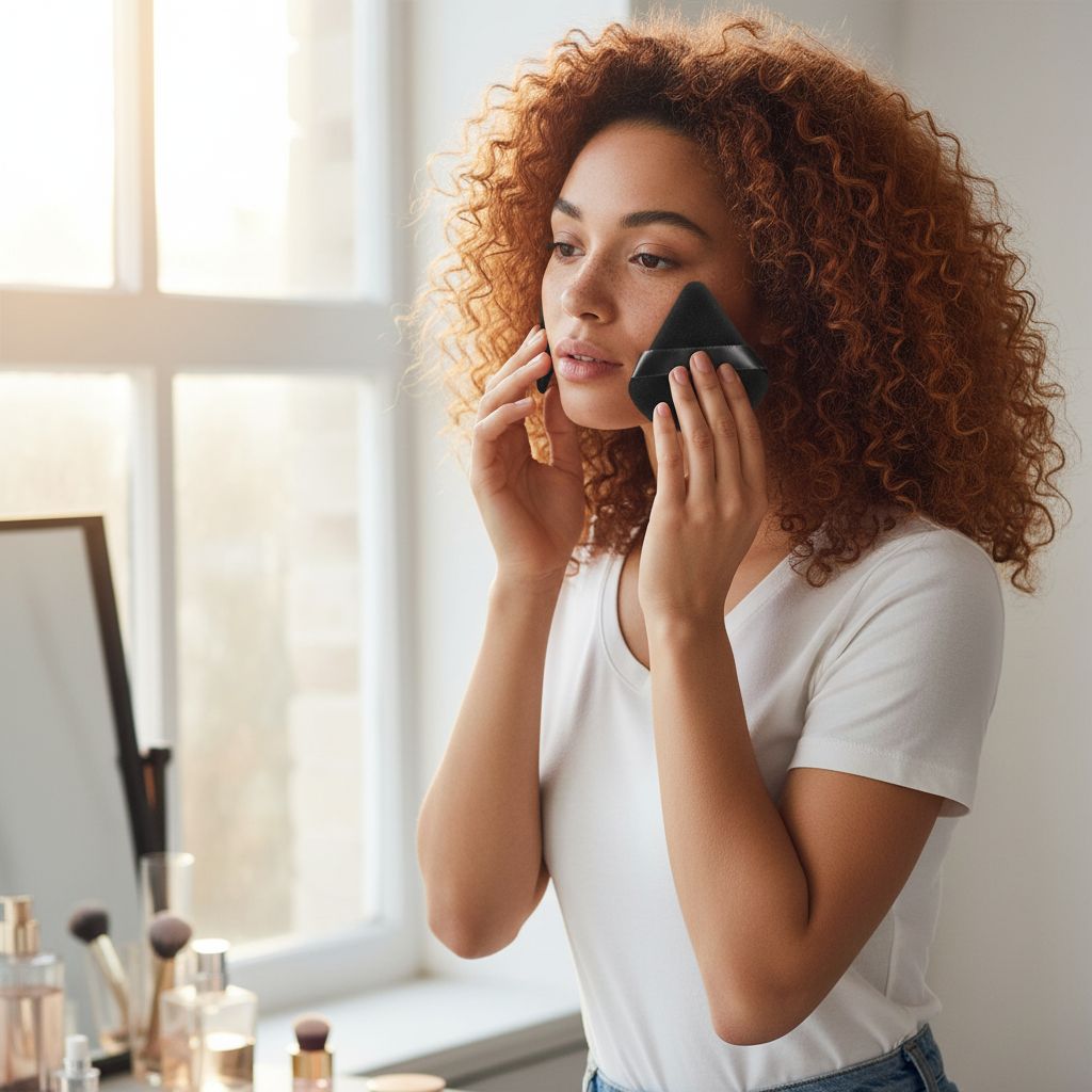 Triangle powder puff in neutral tone for foundation and contouring application — view 4