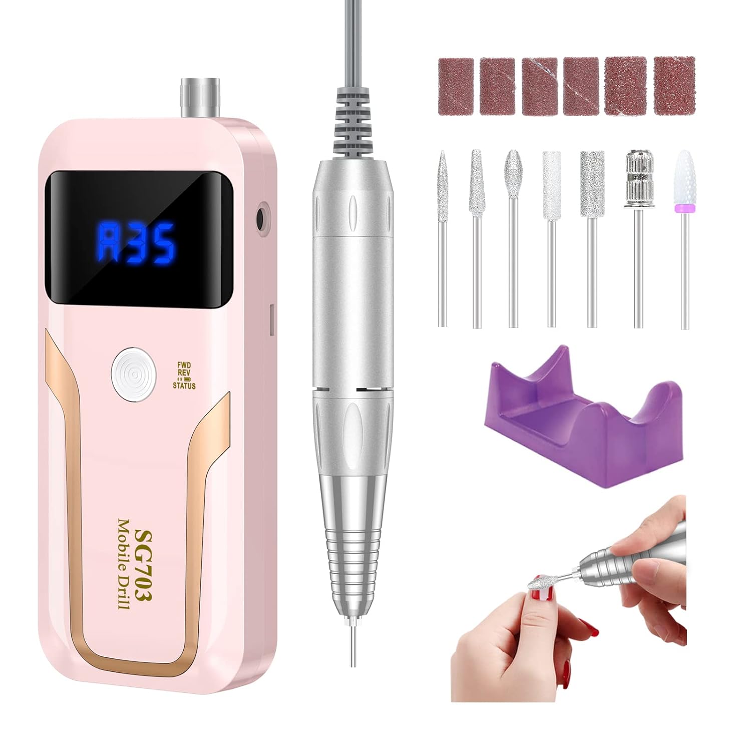 Pink professional cordless nail drill with 35000 RPM motor, rechargeable e-file for acrylic and gel nails, shown with accessories and bits kit — view 1