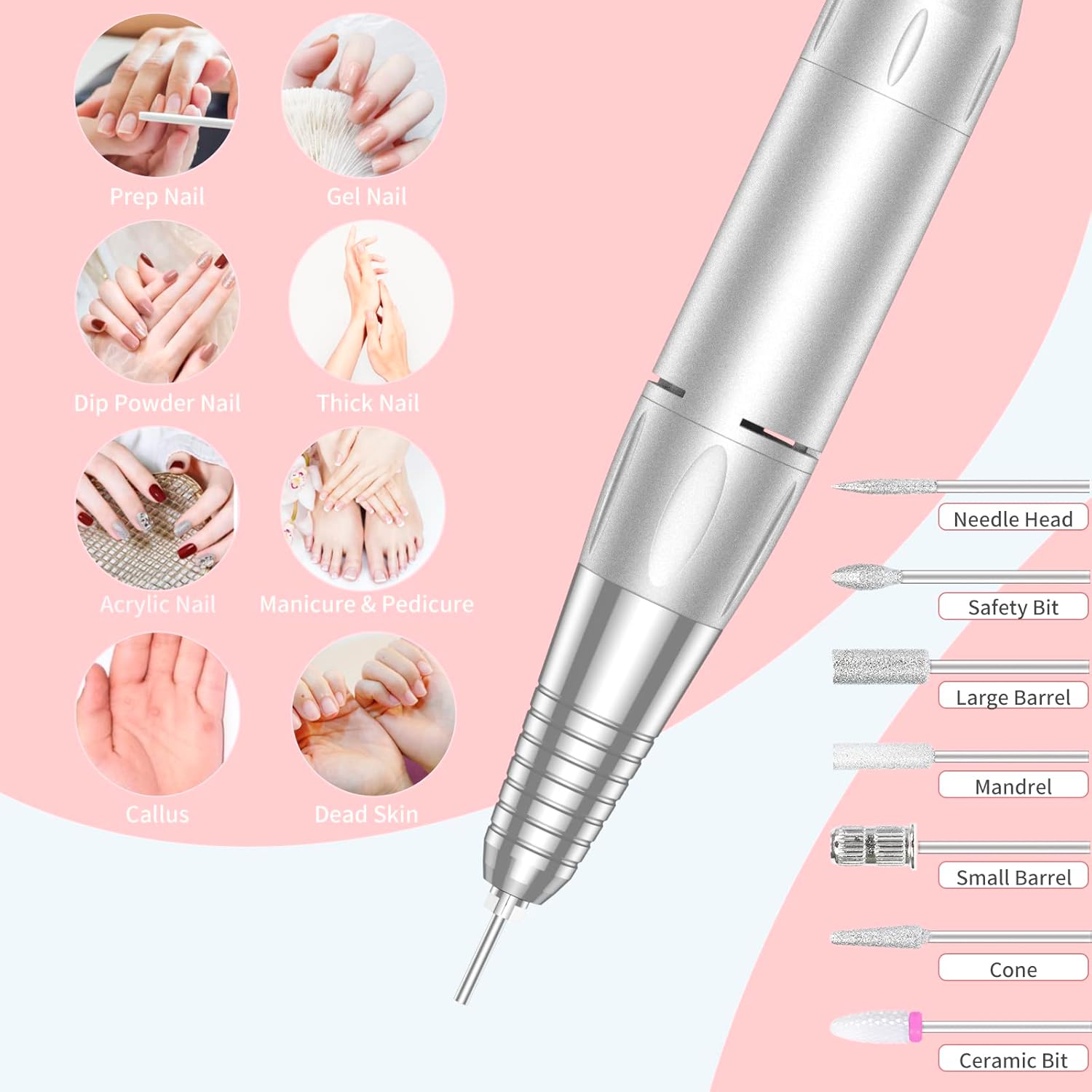 Pink professional cordless nail drill with 35000 RPM motor, rechargeable e-file for acrylic and gel nails, shown with accessories and bits kit — view 2