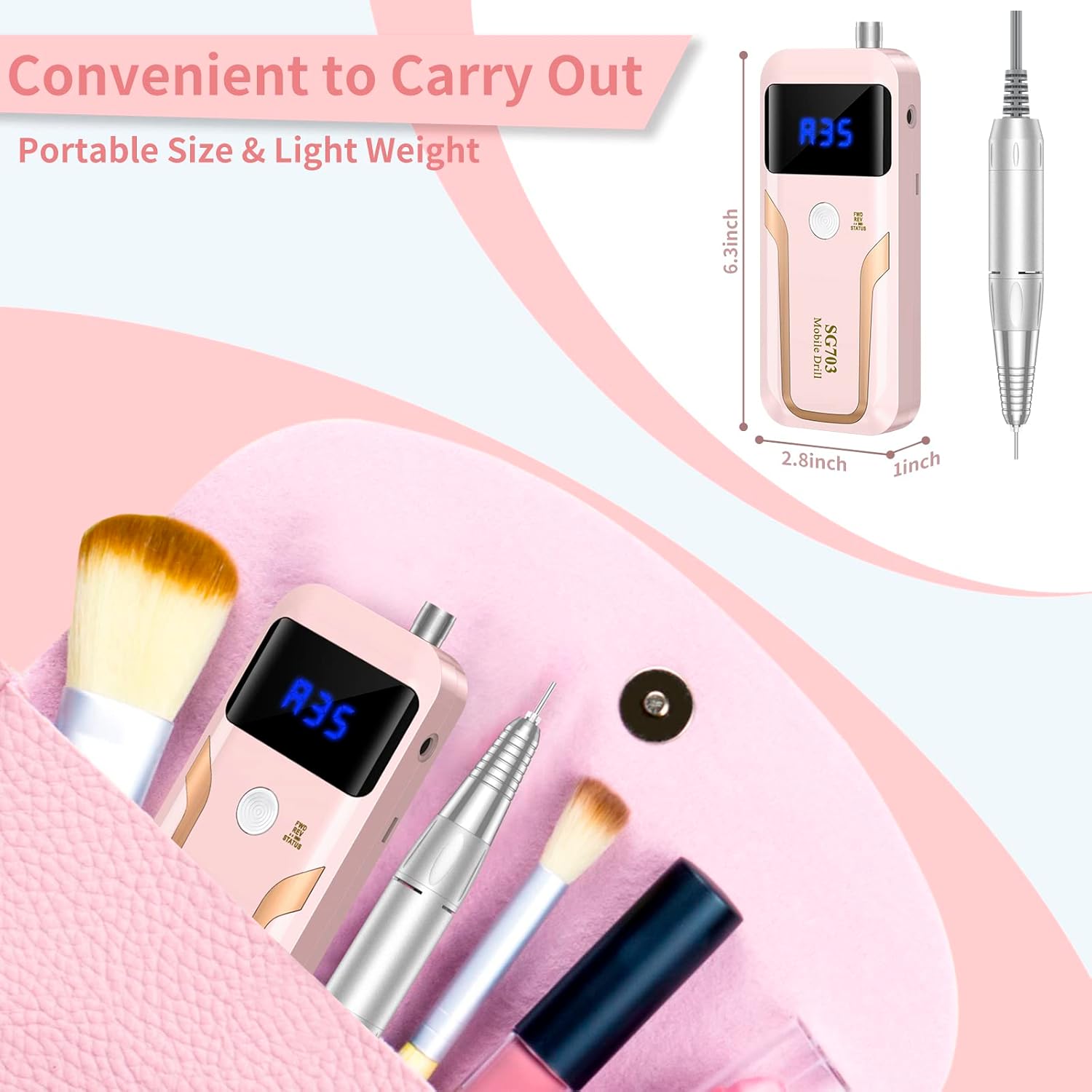 Pink professional cordless nail drill with 35000 RPM motor, rechargeable e-file for acrylic and gel nails, shown with accessories and bits kit — view 3