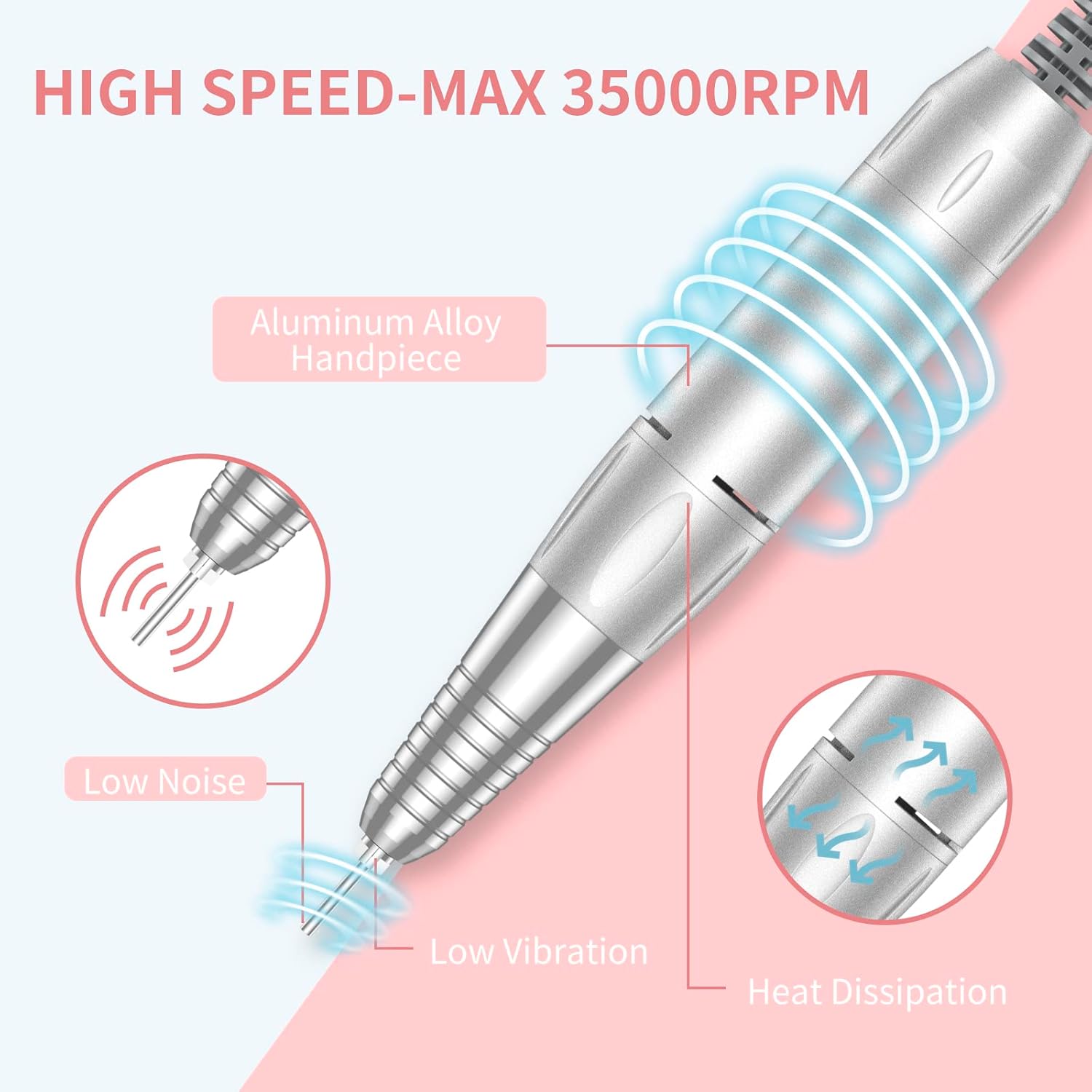 Pink professional cordless nail drill with 35000 RPM motor, rechargeable e-file for acrylic and gel nails, shown with accessories and bits kit — view 4
