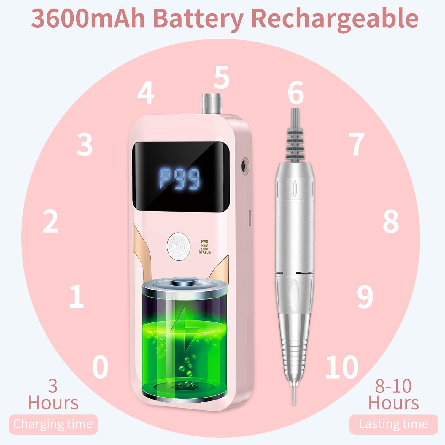 Pink professional cordless nail drill with 35000 RPM motor, rechargeable e-file for acrylic and gel nails, shown with accessories and bits kit — view 2