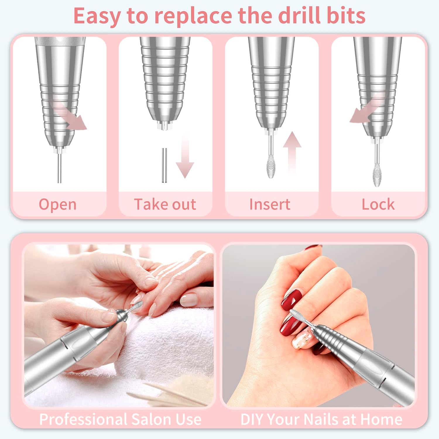 Pink professional cordless nail drill with 35000 RPM motor, rechargeable e-file for acrylic and gel nails, shown with accessories and bits kit — view 3