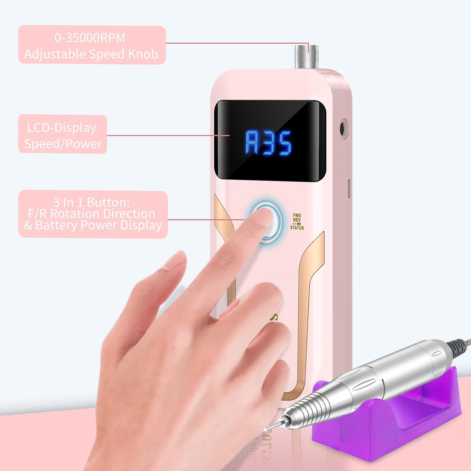 Pink professional cordless nail drill with 35000 RPM motor, rechargeable e-file for acrylic and gel nails, shown with accessories and bits kit — view 4