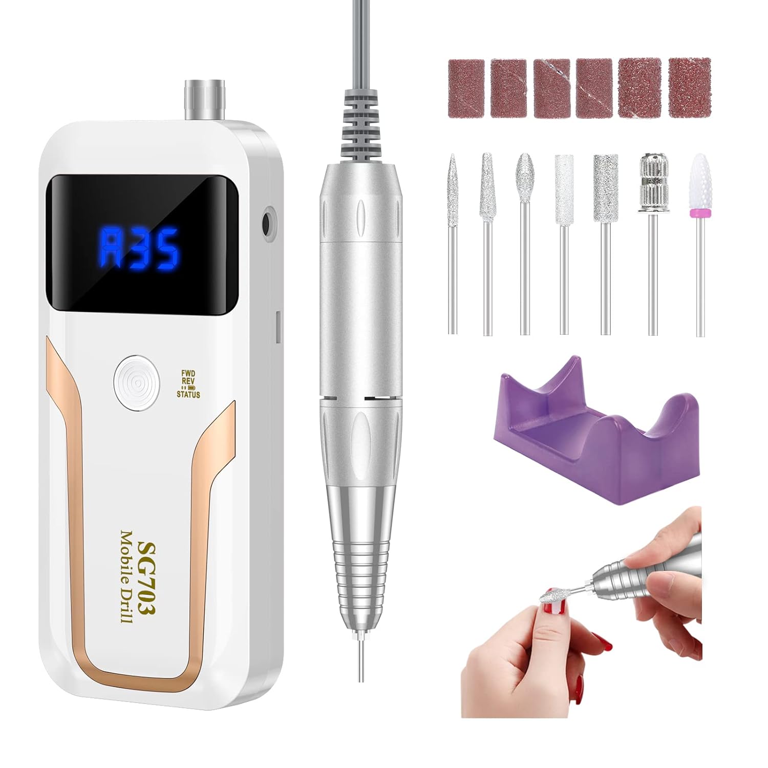 Pink professional cordless nail drill with 35000 RPM motor, rechargeable e-file for acrylic and gel nails, shown with accessories and bits kit — view 5