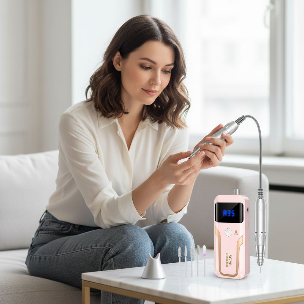 Pink professional cordless nail drill with 35000 RPM motor, rechargeable e-file for acrylic and gel nails, shown with accessories and bits kit — view 2