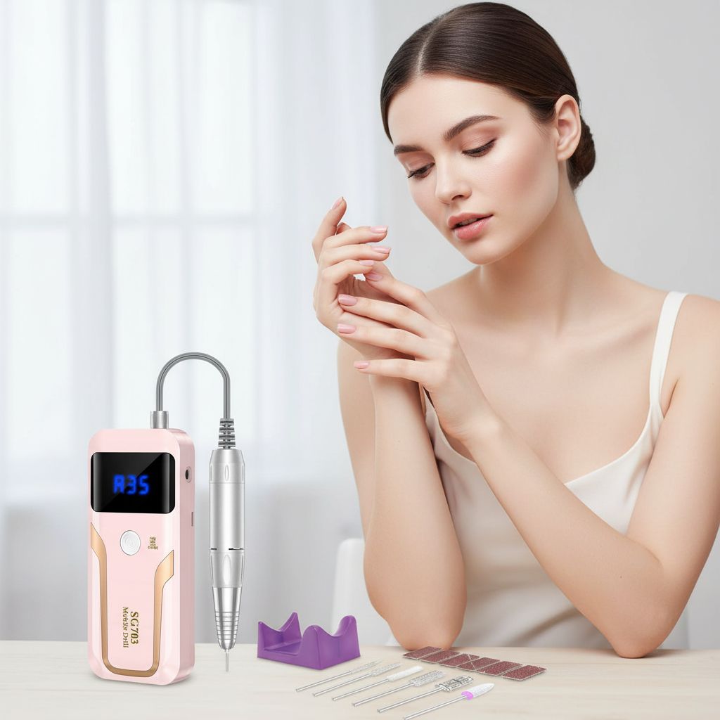 Pink professional cordless nail drill with 35000 RPM motor, rechargeable e-file for acrylic and gel nails, shown with accessories and bits kit — view 2