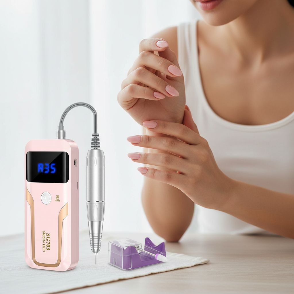 Pink professional cordless nail drill with 35000 RPM motor, rechargeable e-file for acrylic and gel nails, shown with accessories and bits kit — view 4