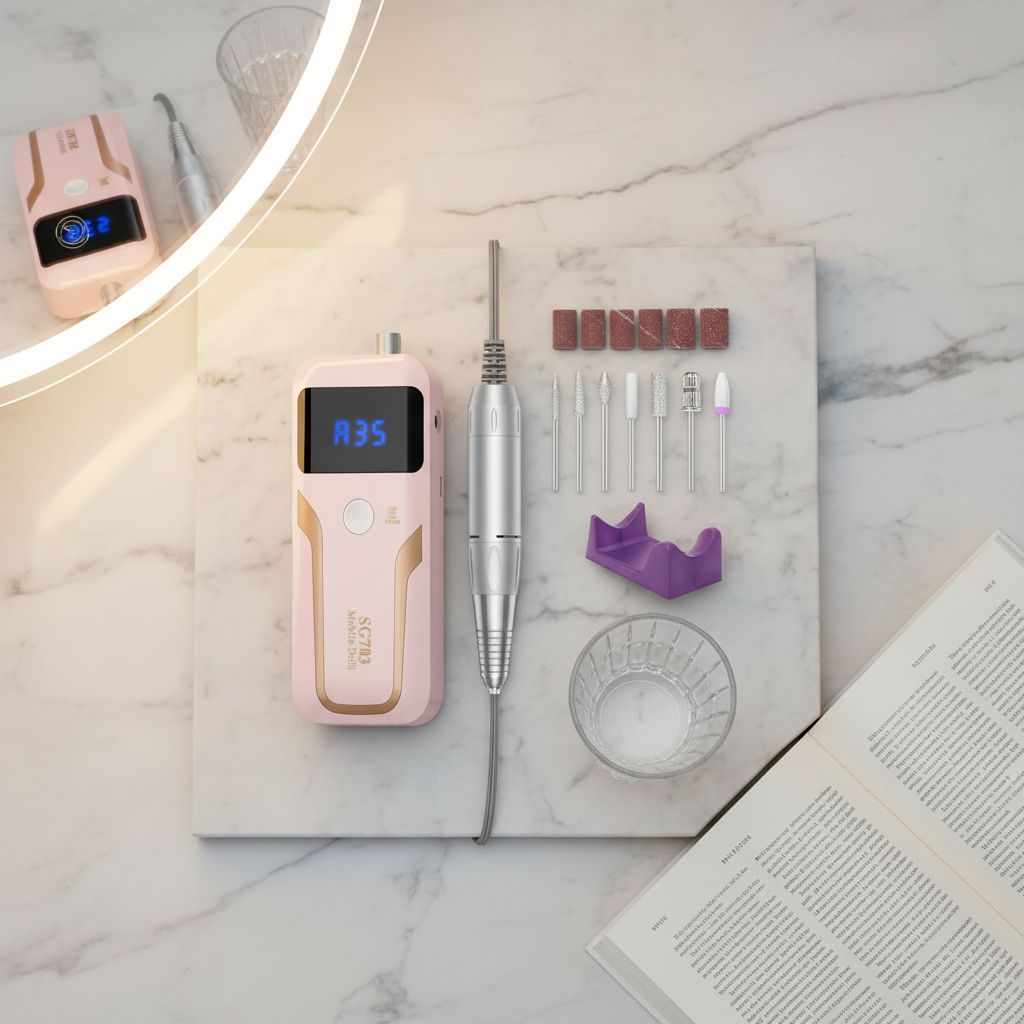 Pink professional cordless nail drill with 35000 RPM motor, rechargeable e-file for acrylic and gel nails, shown with accessories and bits kit — view 5a