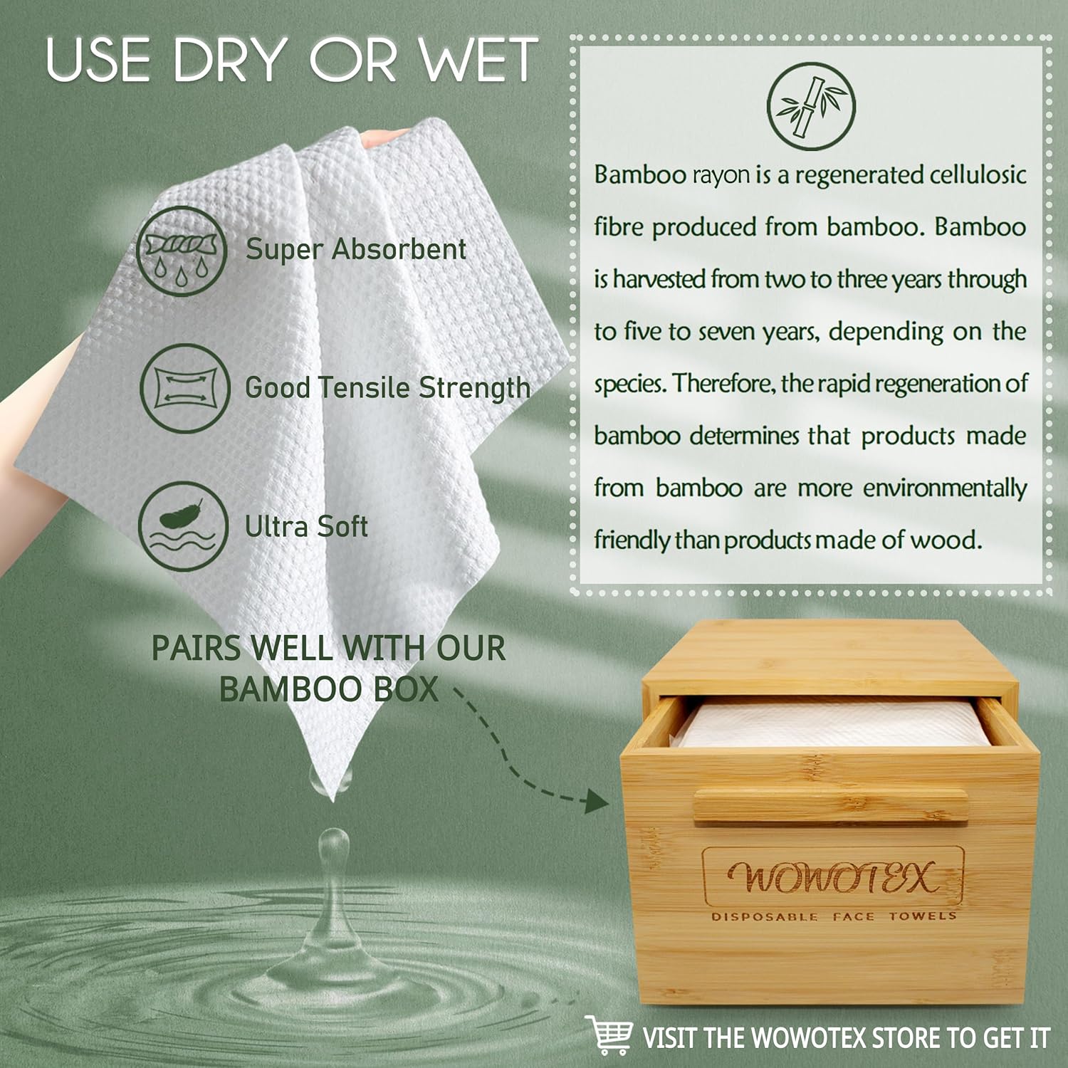 Soft biodegradable bamboo viscose disposable face towel in neutral tone, extra-thick texture for sensitive skin care and makeup removal — view 2