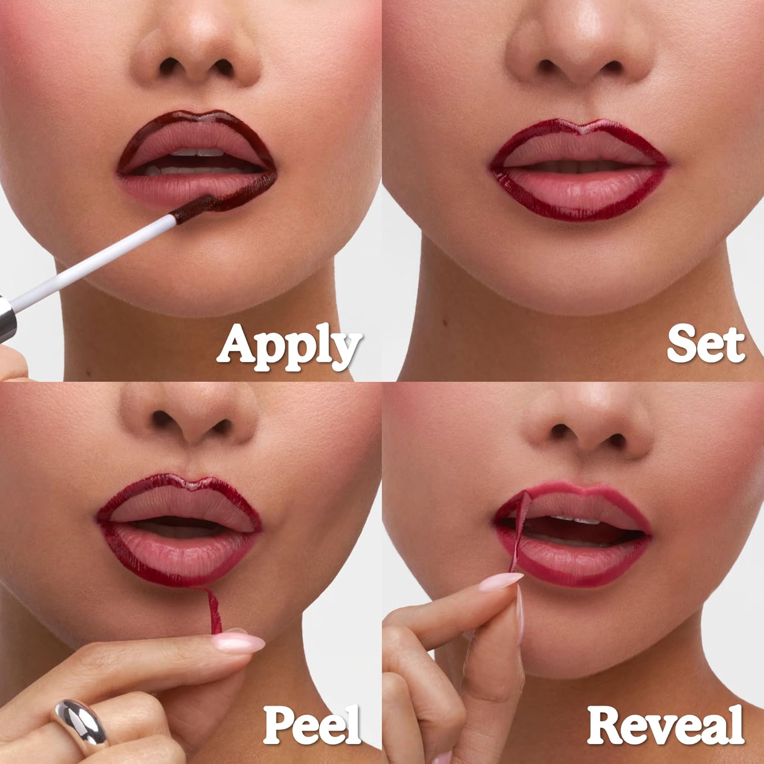 Peel-off lip stain in [color] with hyaluronic acid formula, shown on lips with matte finish — view 3