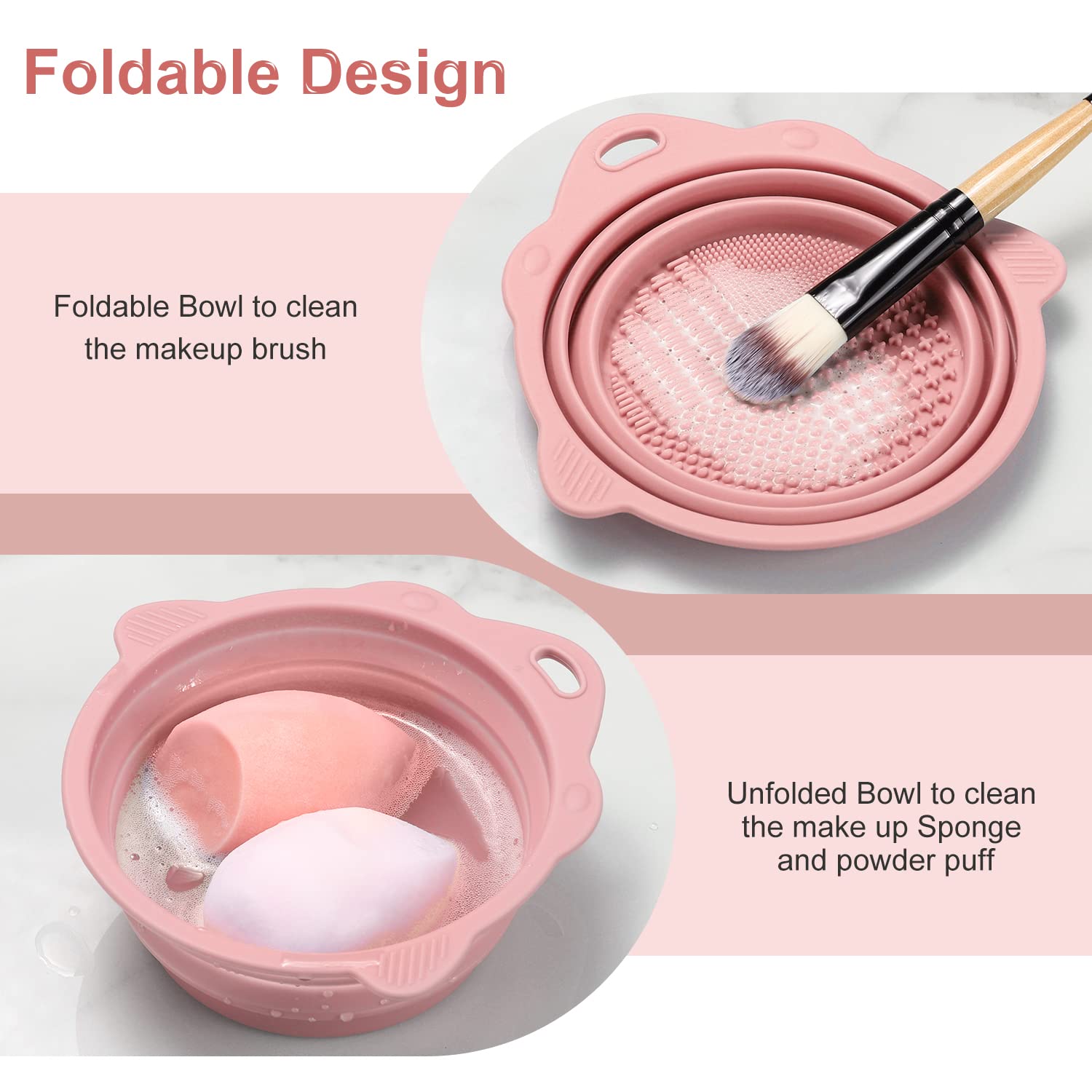 Pink foldable silicone makeup brush cleaner bowl with portable design for travel — view 2