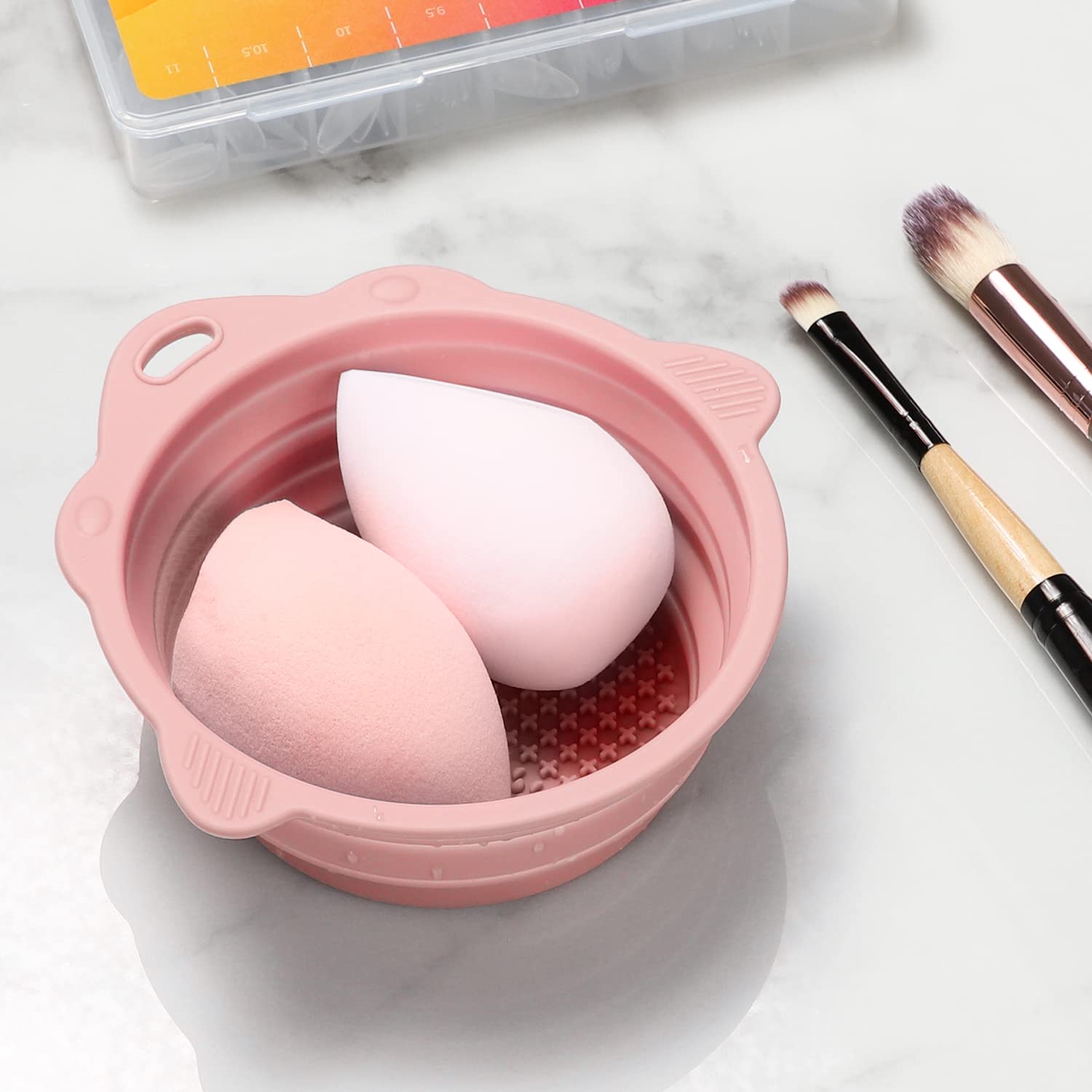 Pink foldable silicone makeup brush cleaner bowl with portable design for travel — view 2