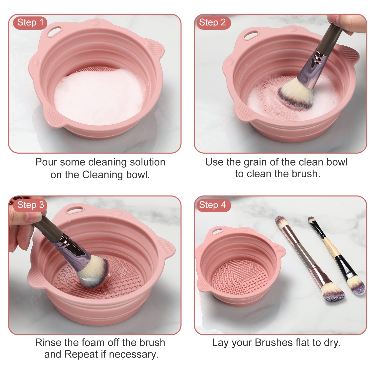 Pink foldable silicone makeup brush cleaner bowl with portable design for travel — view 3