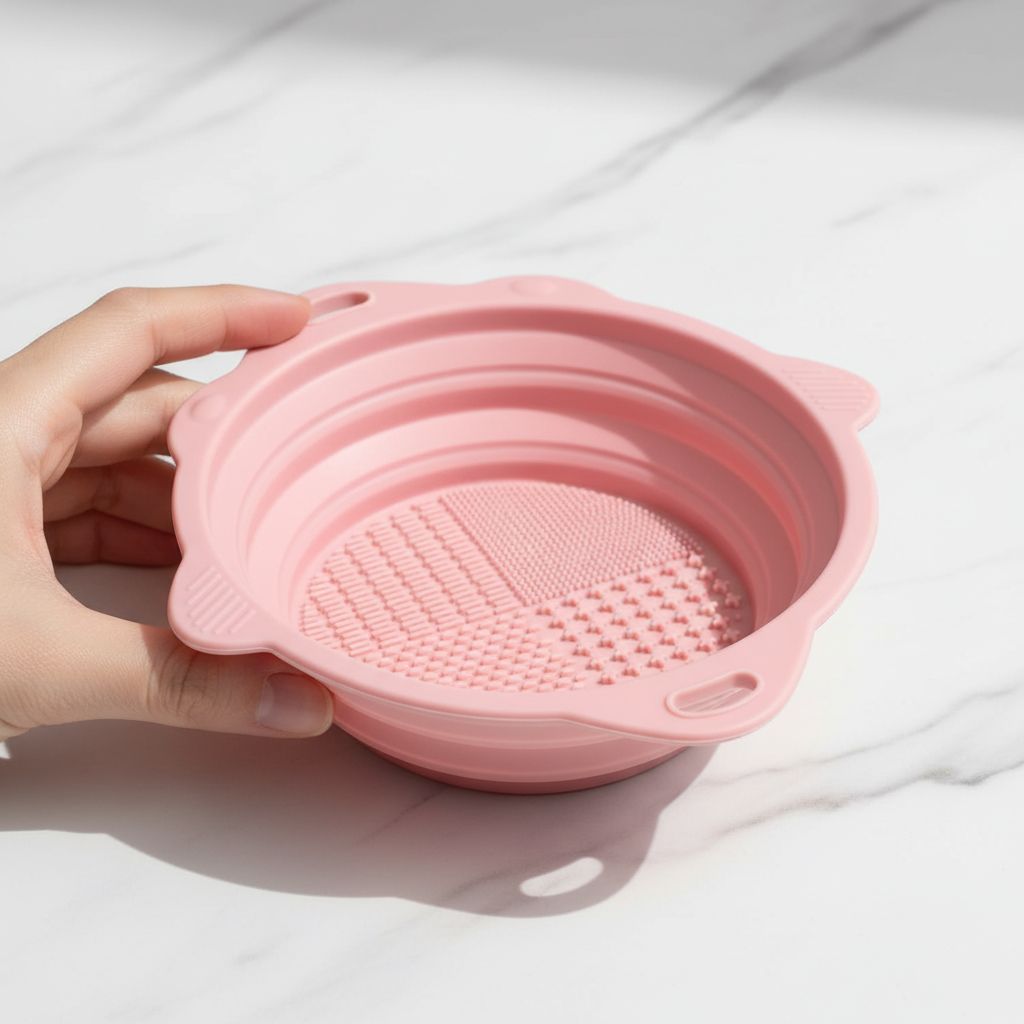Pink foldable silicone makeup brush cleaner bowl with portable design for travel — view 3