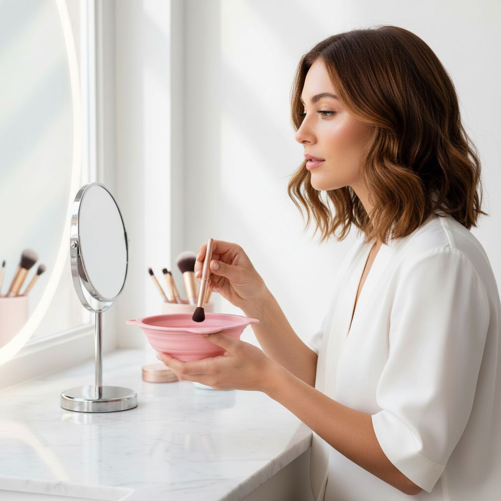 Pink foldable silicone makeup brush cleaner bowl with portable design for travel — view 4