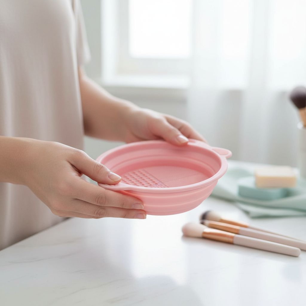 Pink foldable silicone makeup brush cleaner bowl with portable design for travel — view 2