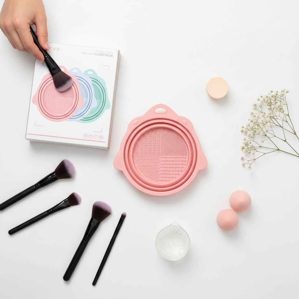 Pink foldable silicone makeup brush cleaner bowl with portable design for travel — view 6