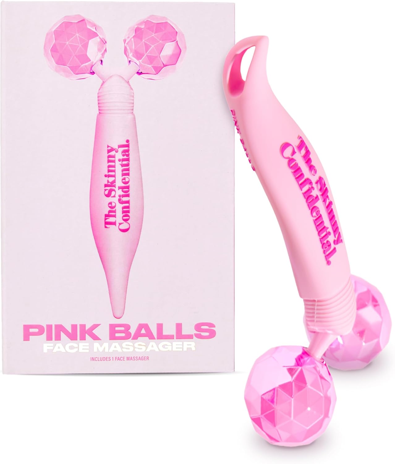 Rose quartz dual-ball face roller with pink spheres for eye and facial contouring massage — view 1