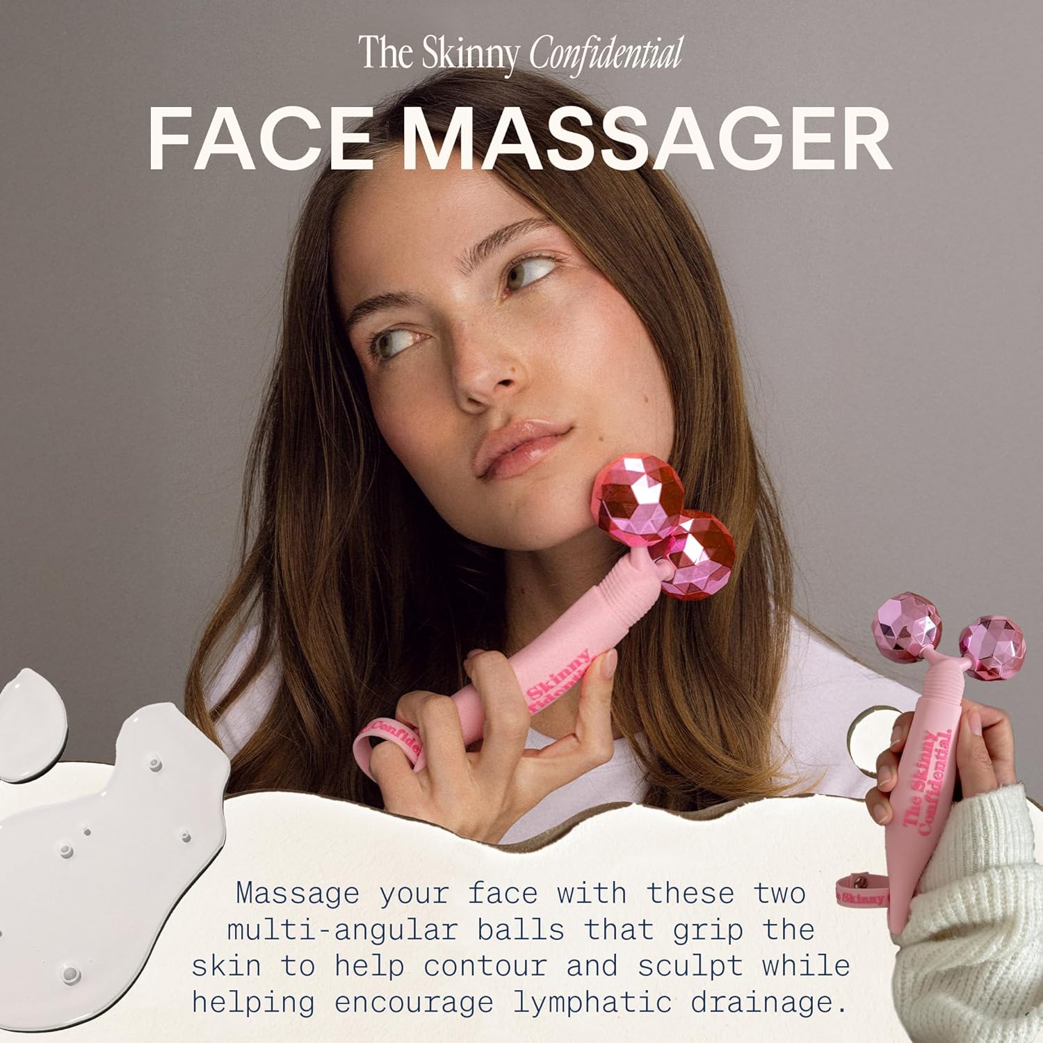Rose quartz dual-ball face roller with pink spheres for eye and facial contouring massage — view 2