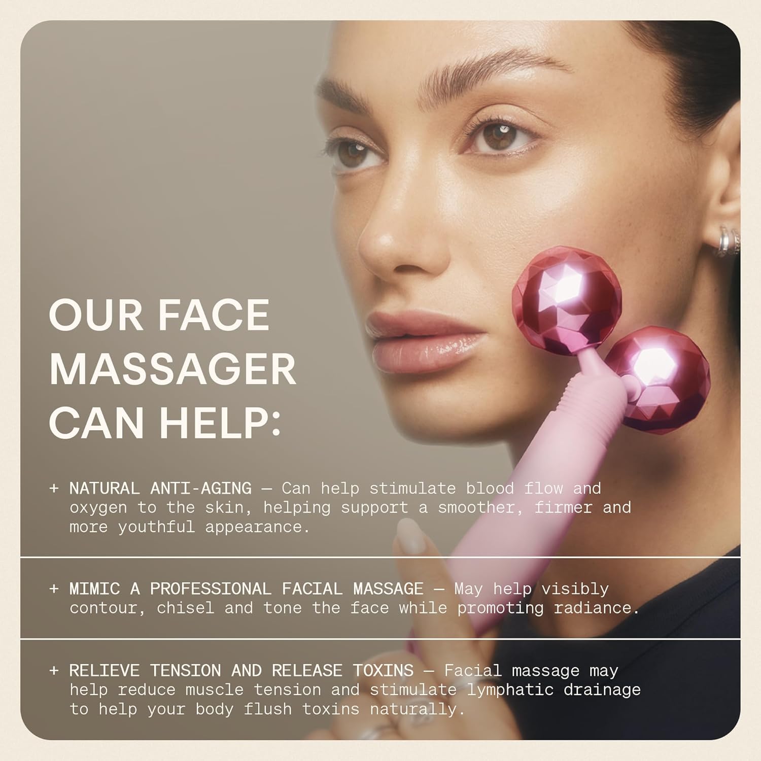 Rose quartz dual-ball face roller with pink spheres for eye and facial contouring massage — view 3