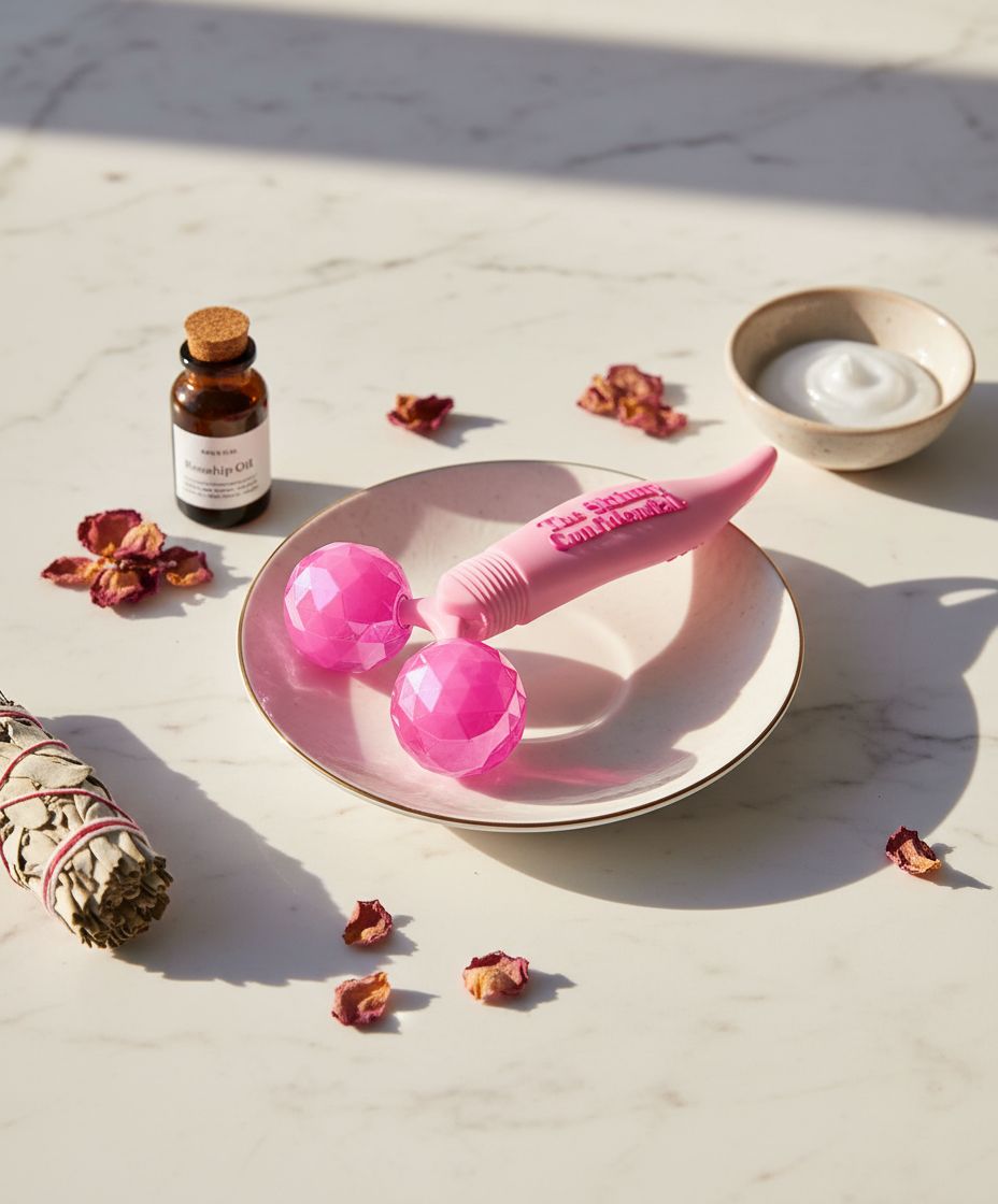 Rose quartz dual-ball face roller with pink spheres for eye and facial contouring massage — view 1
