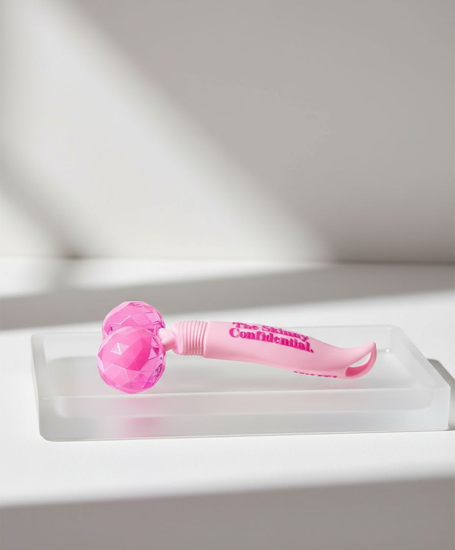 Rose quartz dual-ball face roller with pink spheres for eye and facial contouring massage — view 3