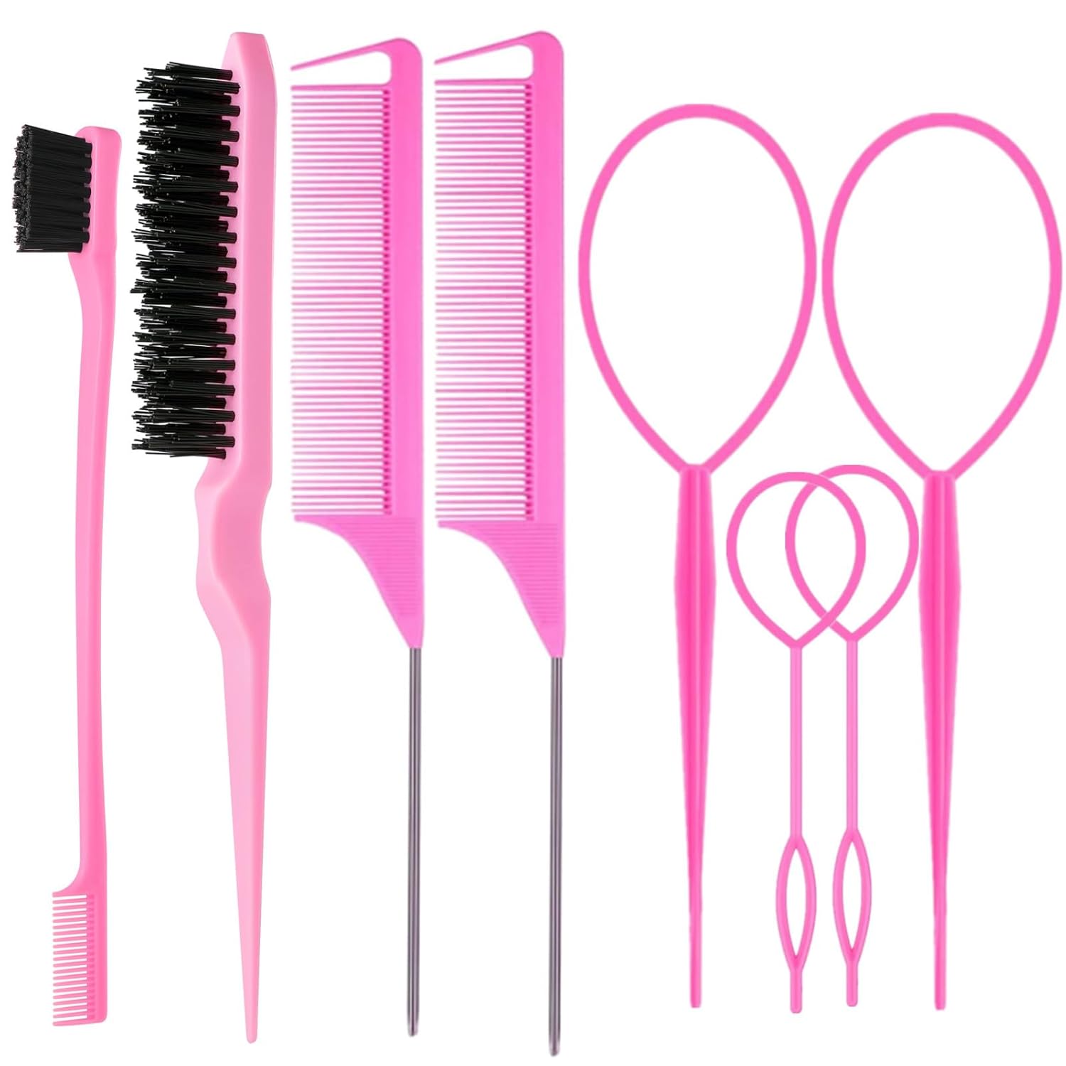 8-piece pink hair brush and comb styling set including teasing brush, edge control brush, and metal rat tail combs — view 1