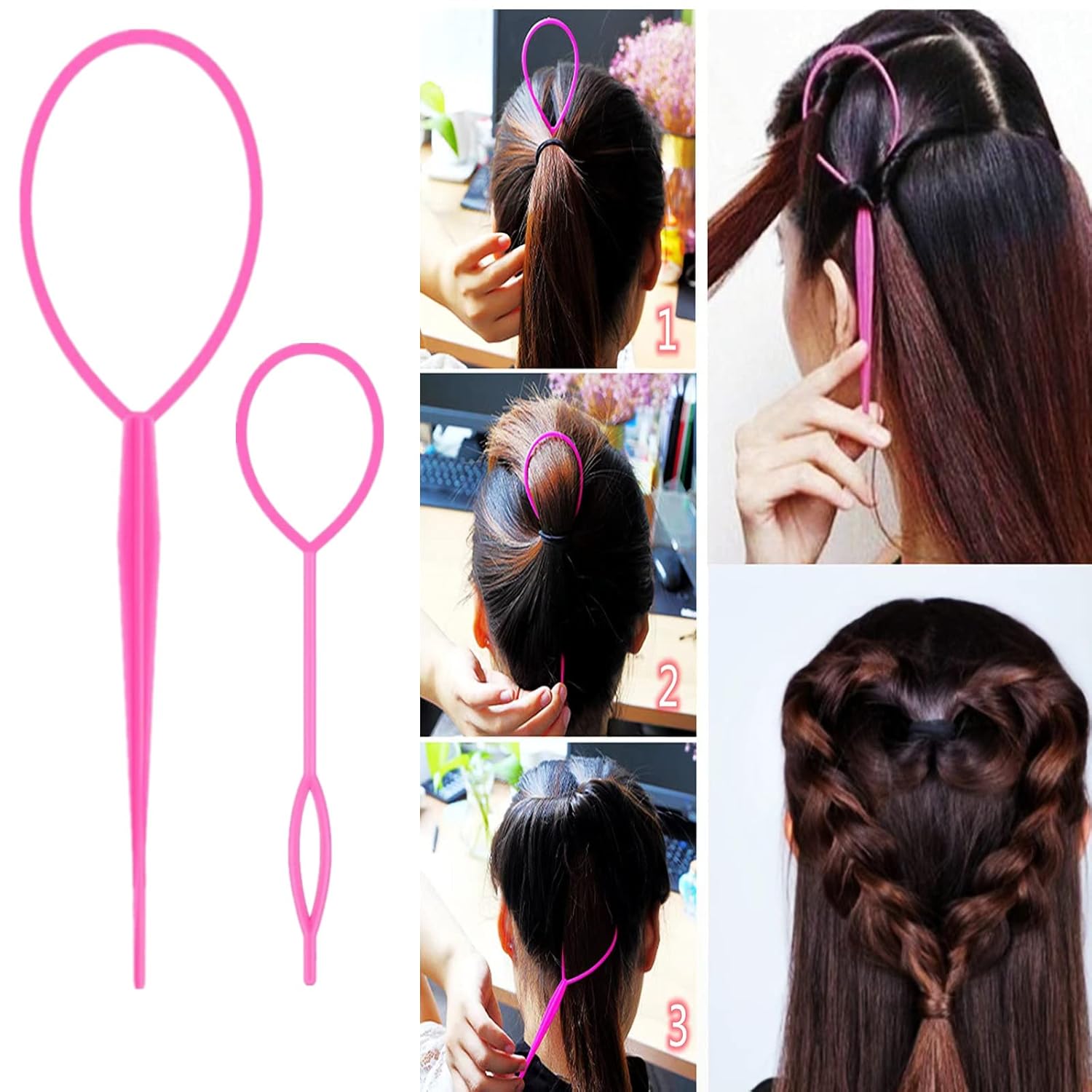 8-piece pink hair brush and comb styling set including teasing brush, edge control brush, and metal rat tail combs — view 2