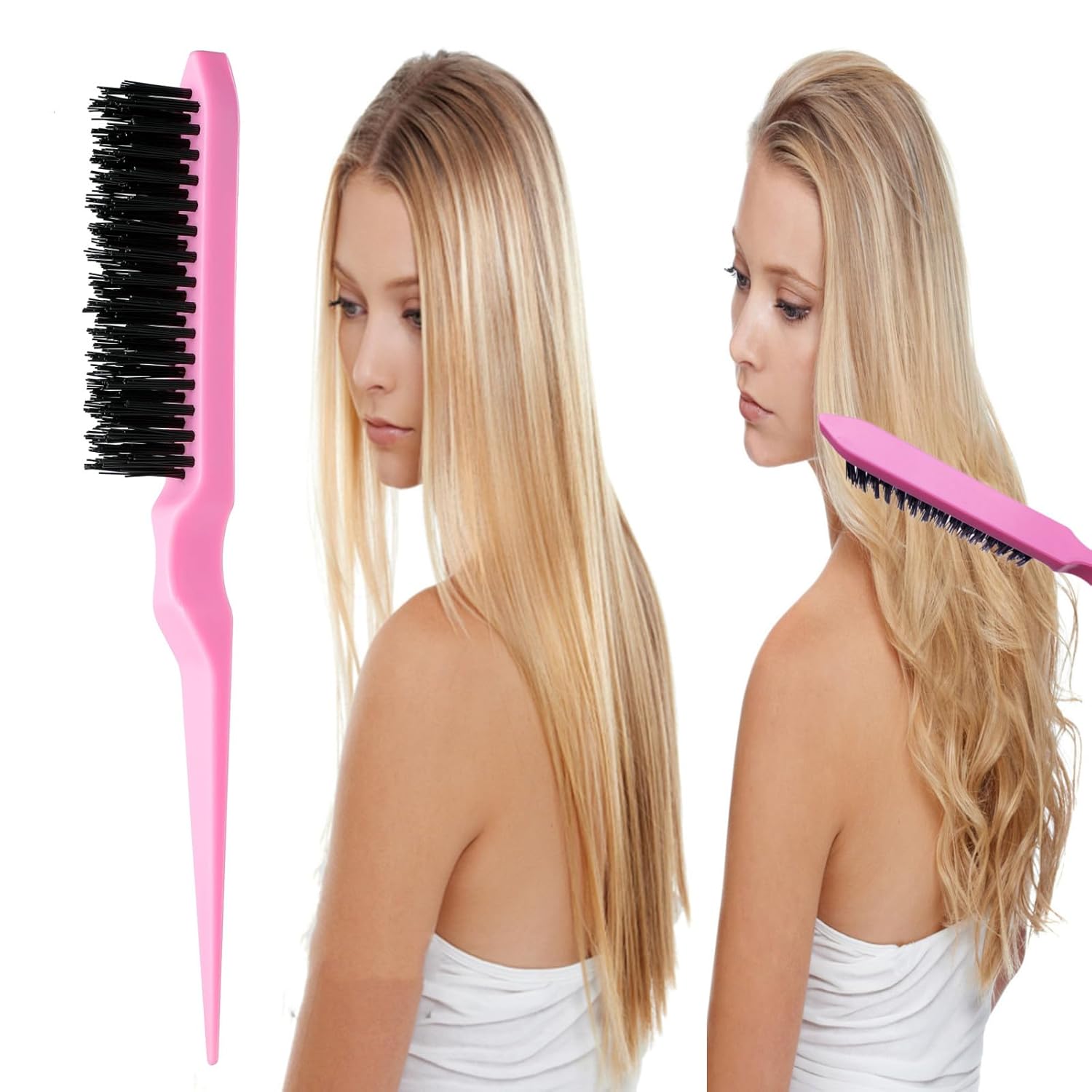 8-piece pink hair brush and comb styling set including teasing brush, edge control brush, and metal rat tail combs — view 3
