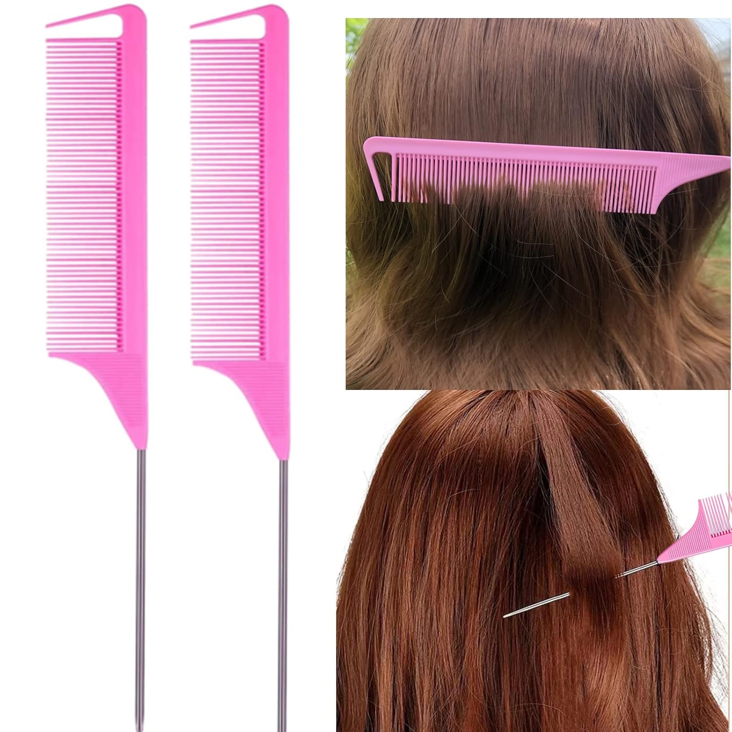 8-piece pink hair brush and comb styling set including teasing brush, edge control brush, and metal rat tail combs — view 4