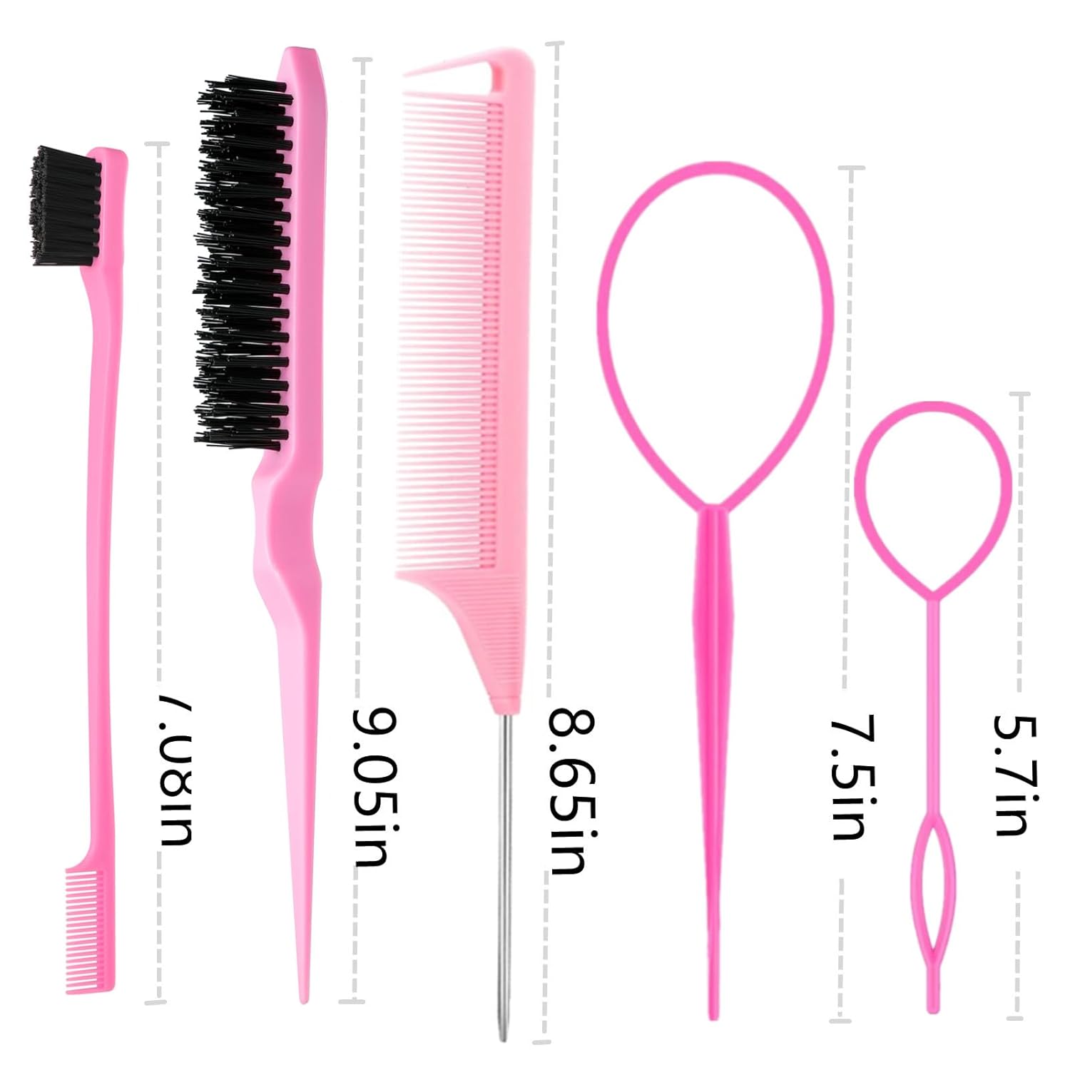8-piece pink hair brush and comb styling set including teasing brush, edge control brush, and metal rat tail combs — view 3