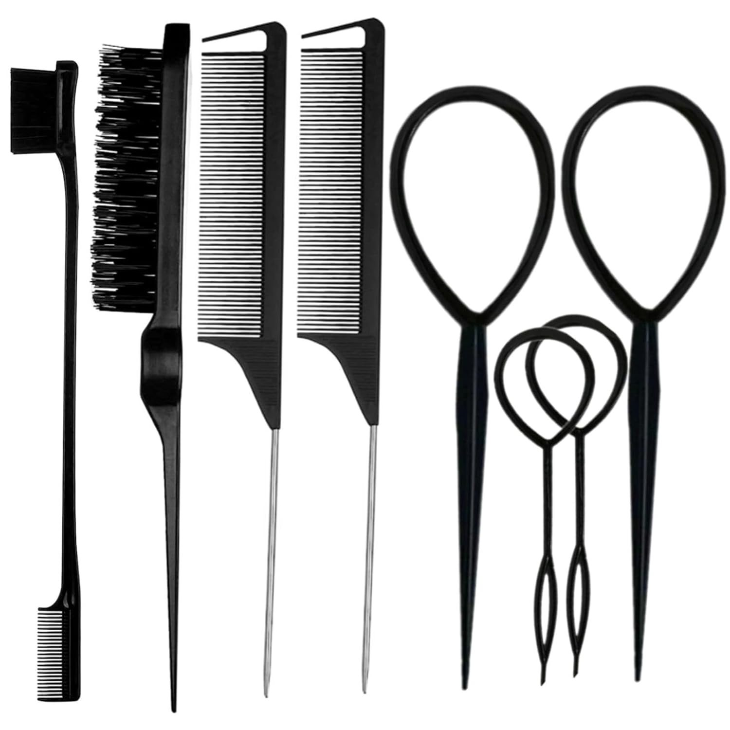 8-piece pink hair brush and comb styling set including teasing brush, edge control brush, and metal rat tail combs — view 4