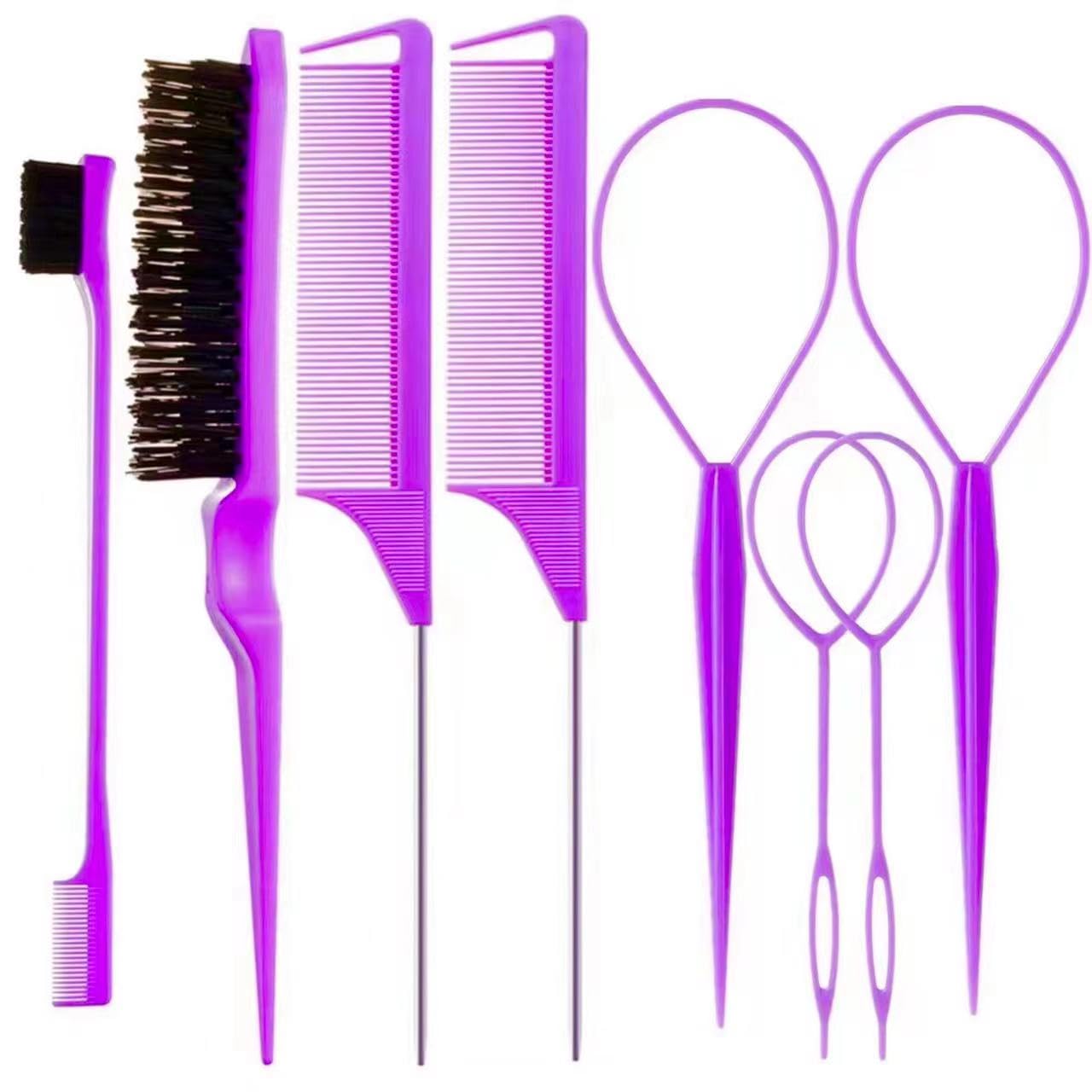 8-piece pink hair brush and comb styling set including teasing brush, edge control brush, and metal rat tail combs — view 5