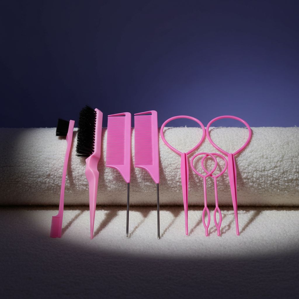 8-piece pink hair brush and comb styling set including teasing brush, edge control brush, and metal rat tail combs — view 2