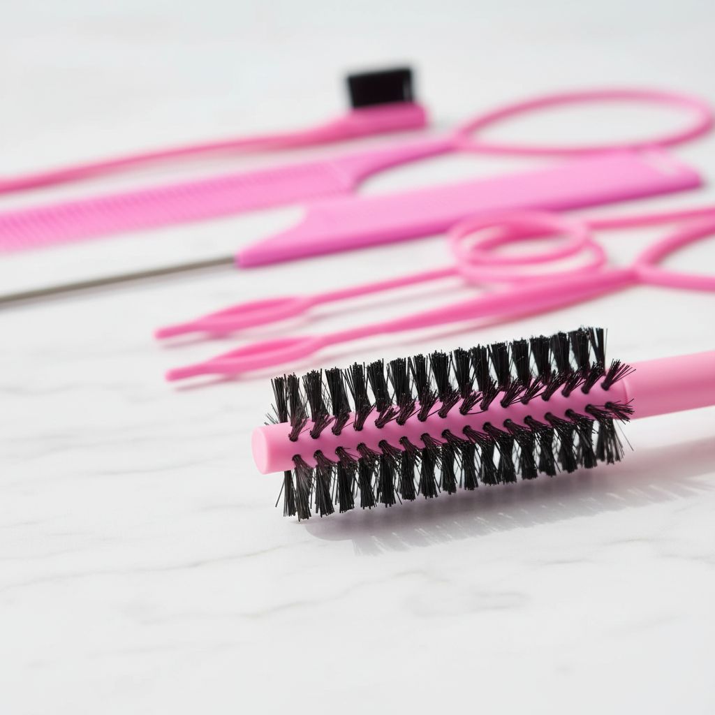 8-piece pink hair brush and comb styling set including teasing brush, edge control brush, and metal rat tail combs — view 3