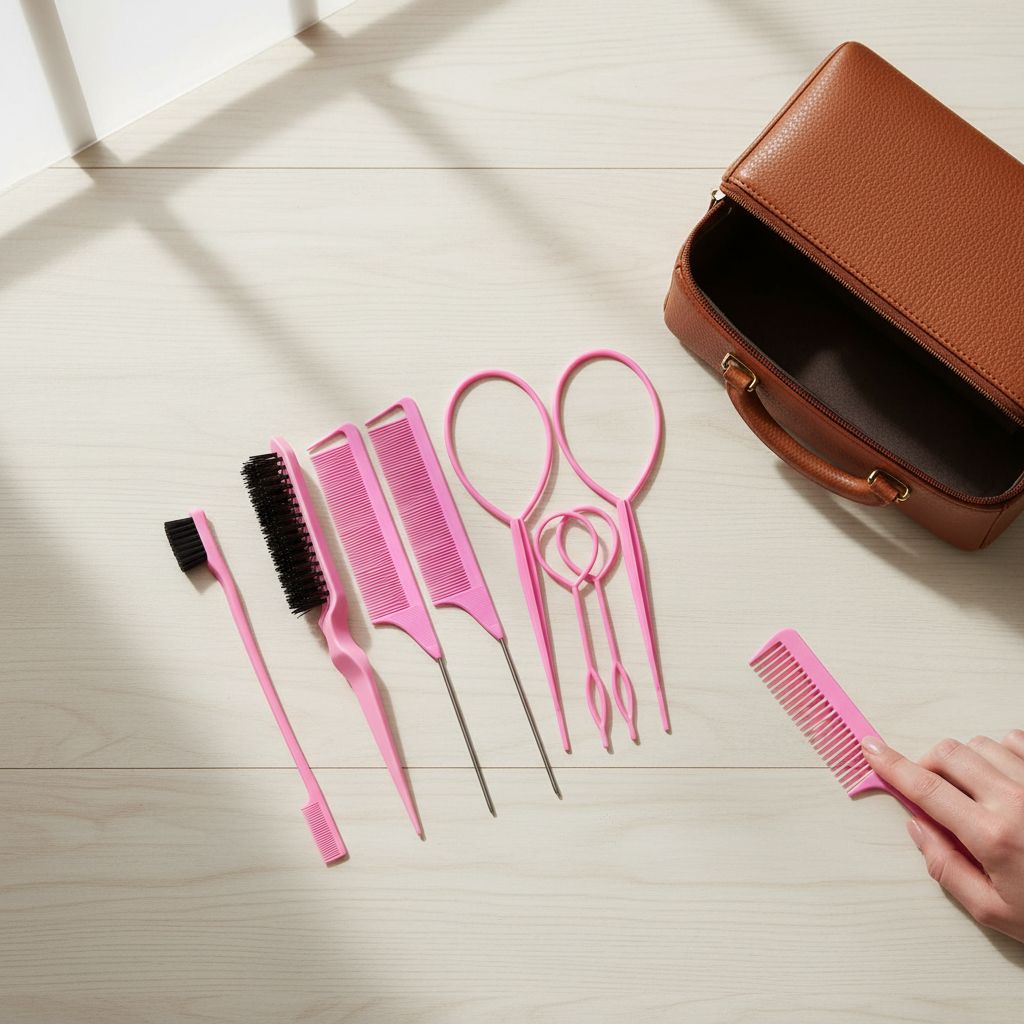 8-piece pink hair brush and comb styling set including teasing brush, edge control brush, and metal rat tail combs — view 6