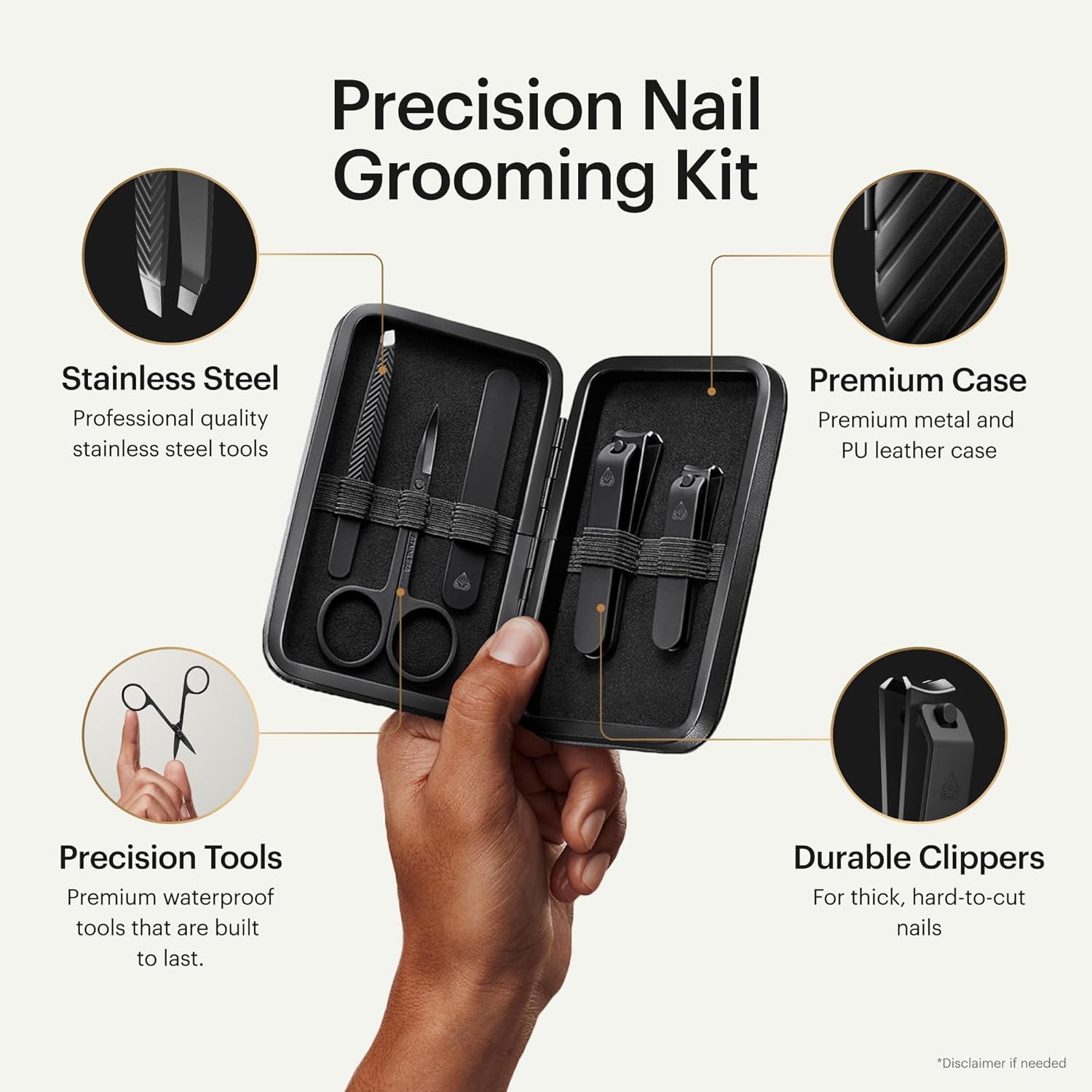 5-piece precision stainless steel nail grooming kit in chrome with travel case, including nail clippers and cuticle scissors — view 2