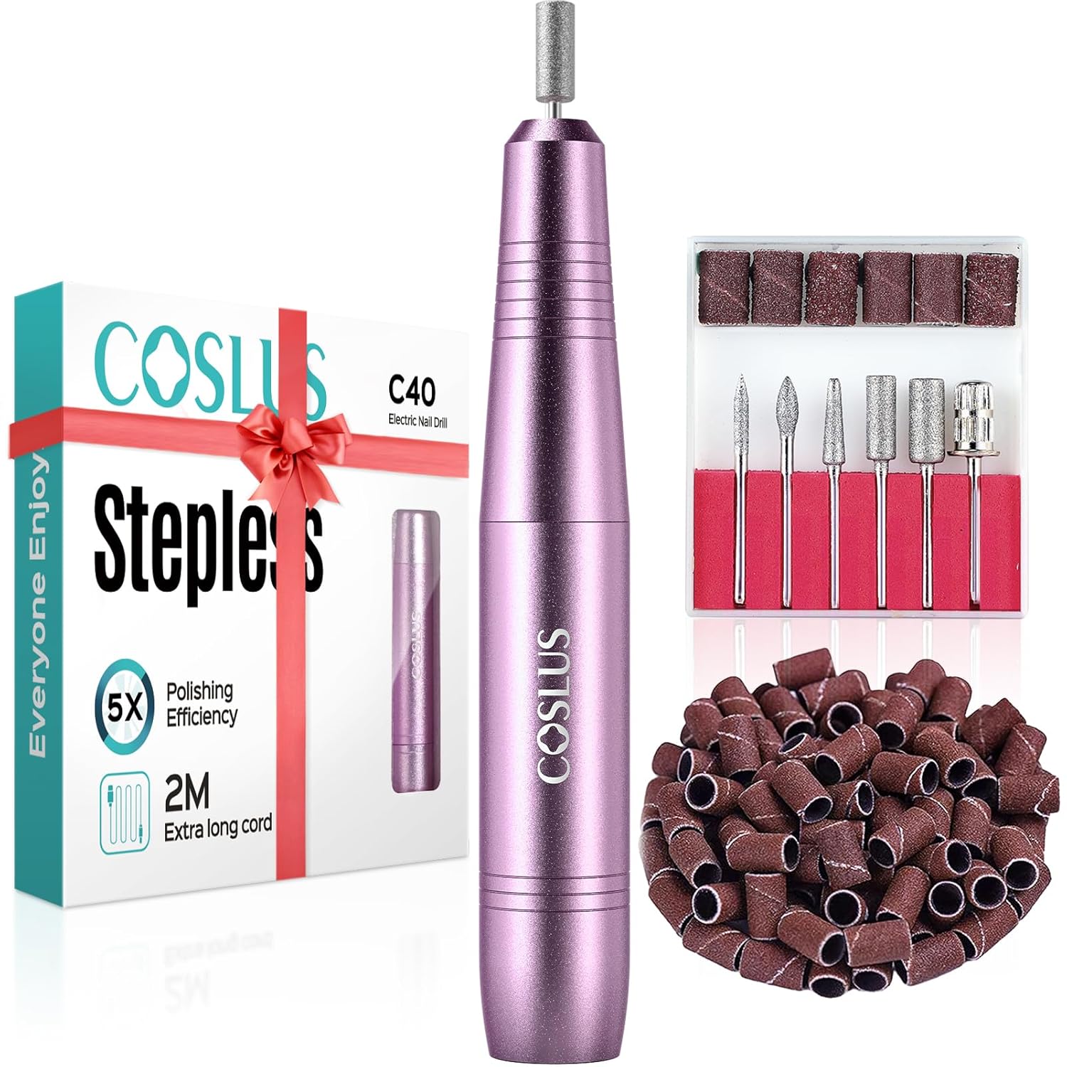 Portable electric nail drill with assorted bits and sanding bands in neutral finish, shown with manicure accessories — view 1