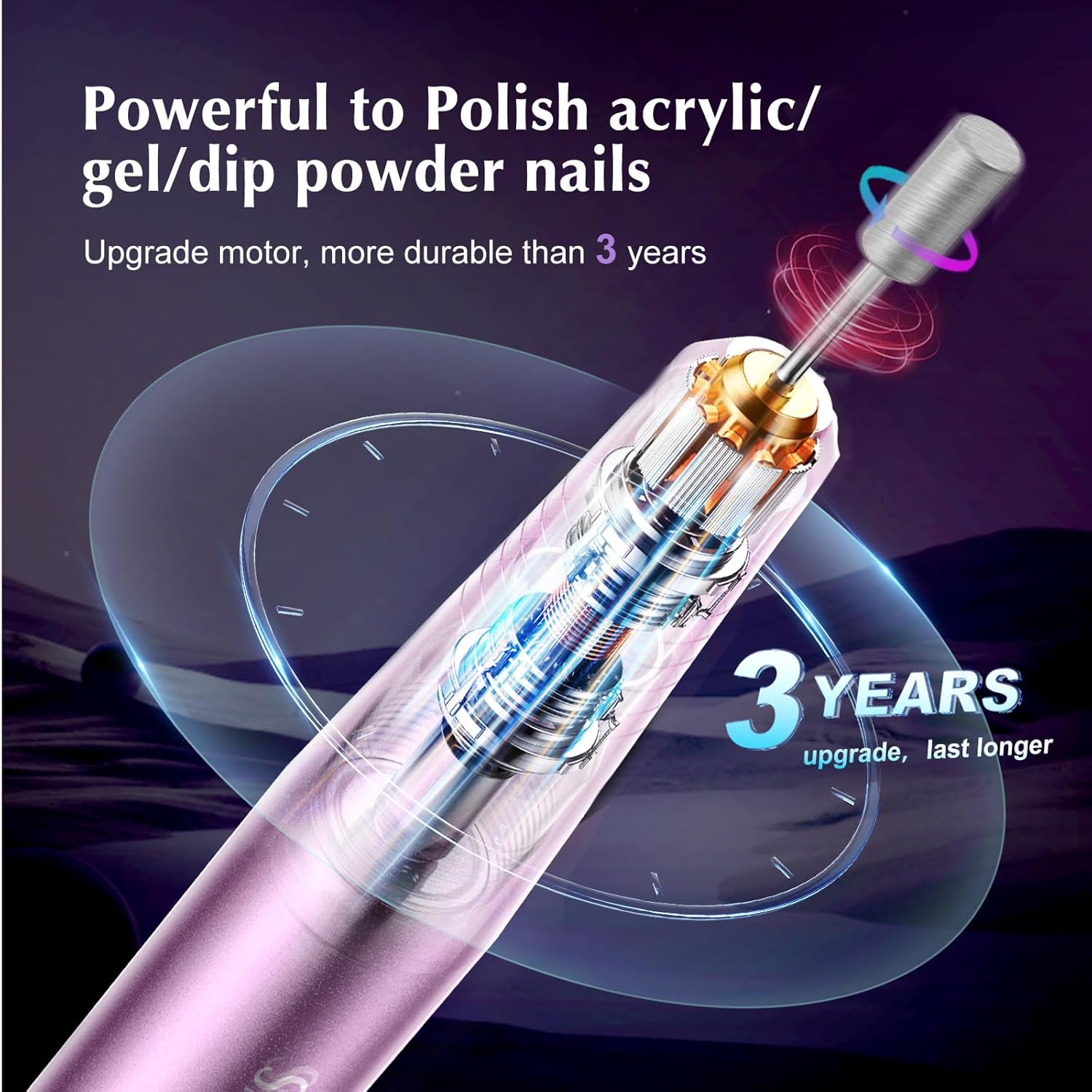 Portable electric nail drill with assorted bits and sanding bands in neutral finish, shown with manicure accessories — view 2